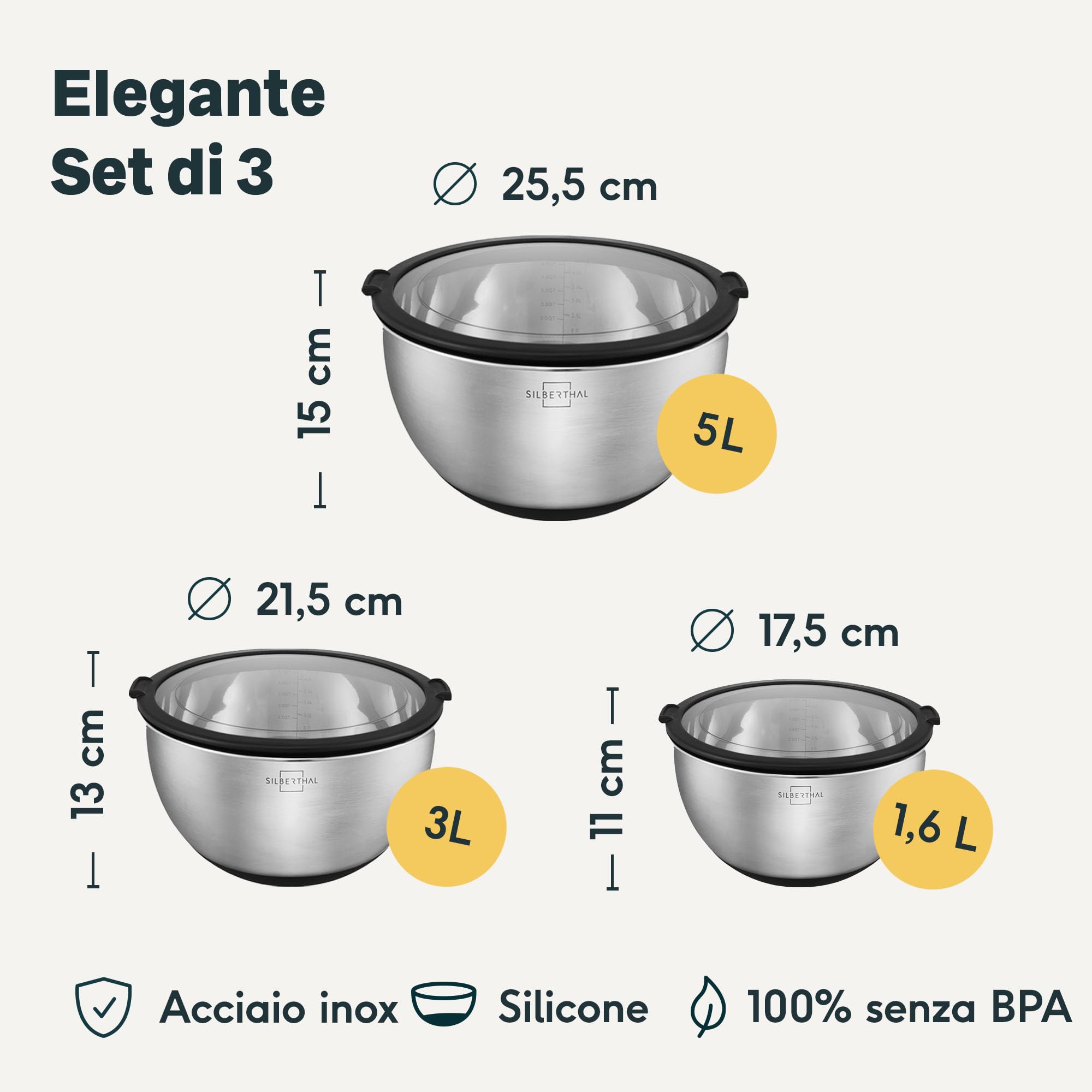 SILBERTHAL Set ciotole acciaio inox cucina - Impilabile e antiscivolo - Coperchio ermetico 1,6L / 3L / 5,1L