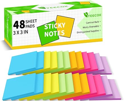48 Pads Sticky Notes 3x3 in, 42 Sheets/Pad, 2016 Sheets Total - Super Sticky, Bright Colors, Sturdy Recyclable Paper Box, Shareable Bulk Pack for Office, School & Home