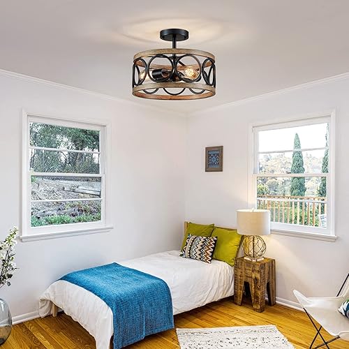 Miniatura 9 de XINGQI Lámpara de techo de granja de 3 luces de 13 pulgadas de tambor moderno semiempotrado, lámpara de techo rústica redonda de metal con acabado