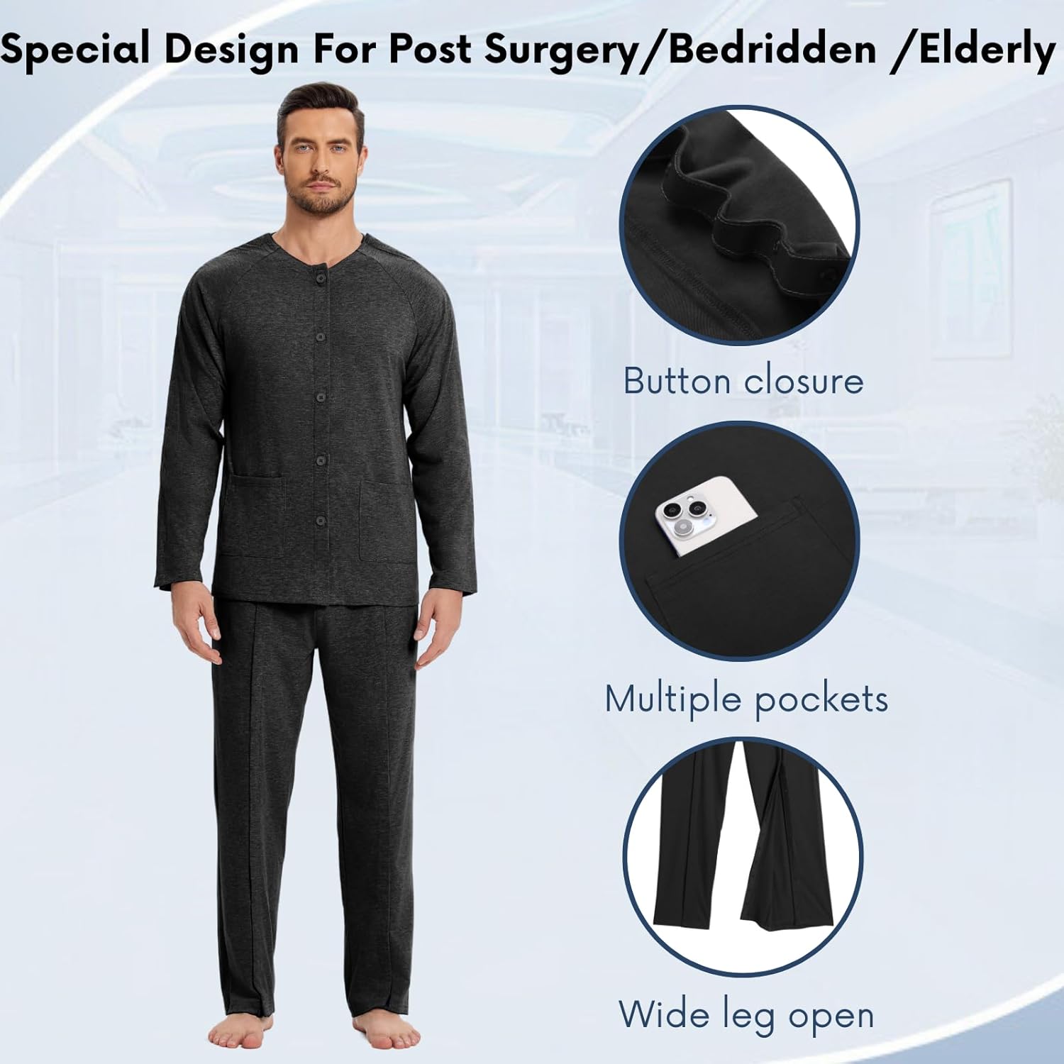 Deyeek Post Shoulder Surgery Shirts for Men Chemo Port Shirts Dialysis Patient Care Tear Away Cotton Pajamas Set