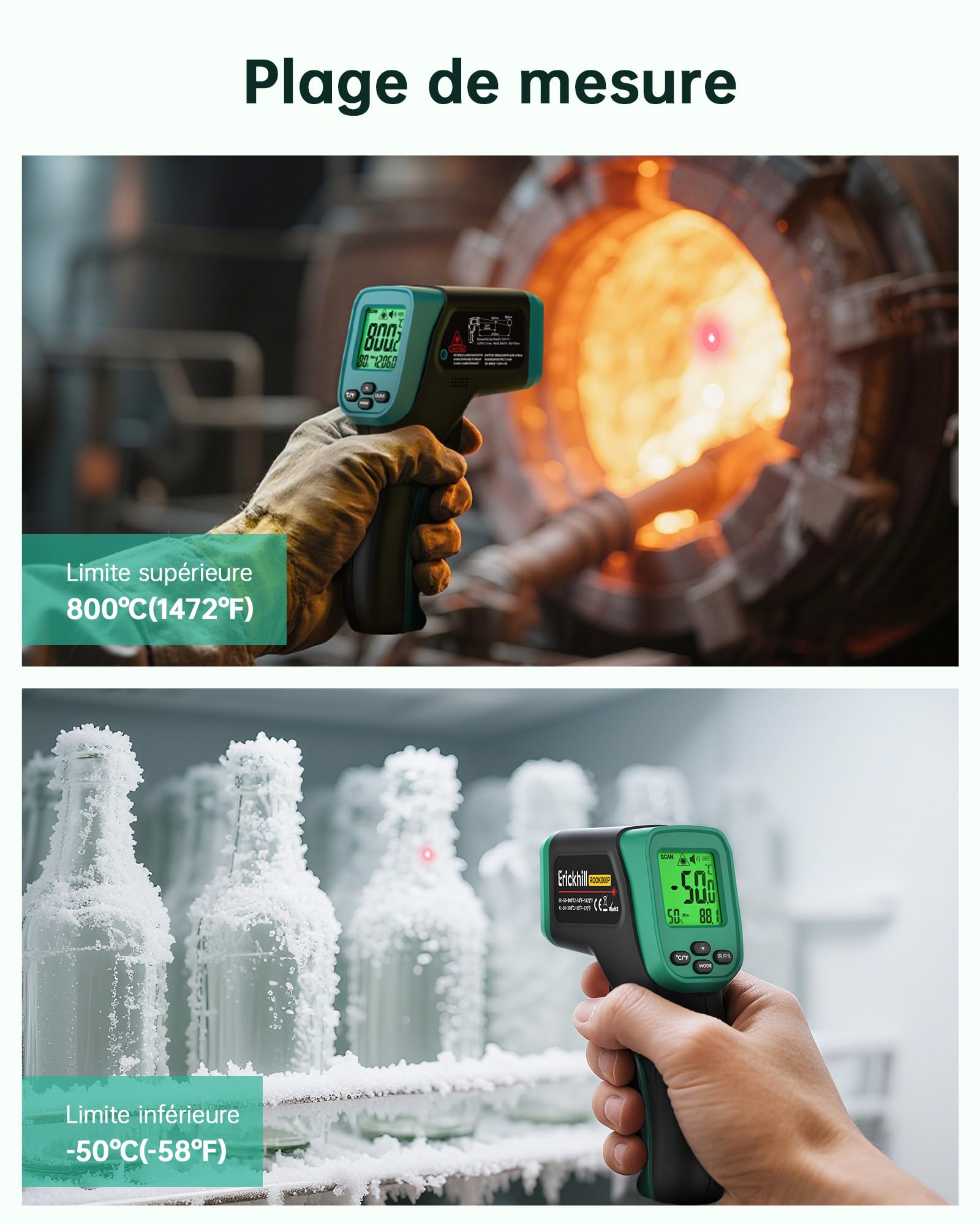 Thermomètre infrarouge ERICKHILL de -50 °C à 800 °C, thermomètre laser numérique sans contact avec sonde à viande de -50 °C à 300 °C, émissivité réglable - Convient pour la cuisson/grillage