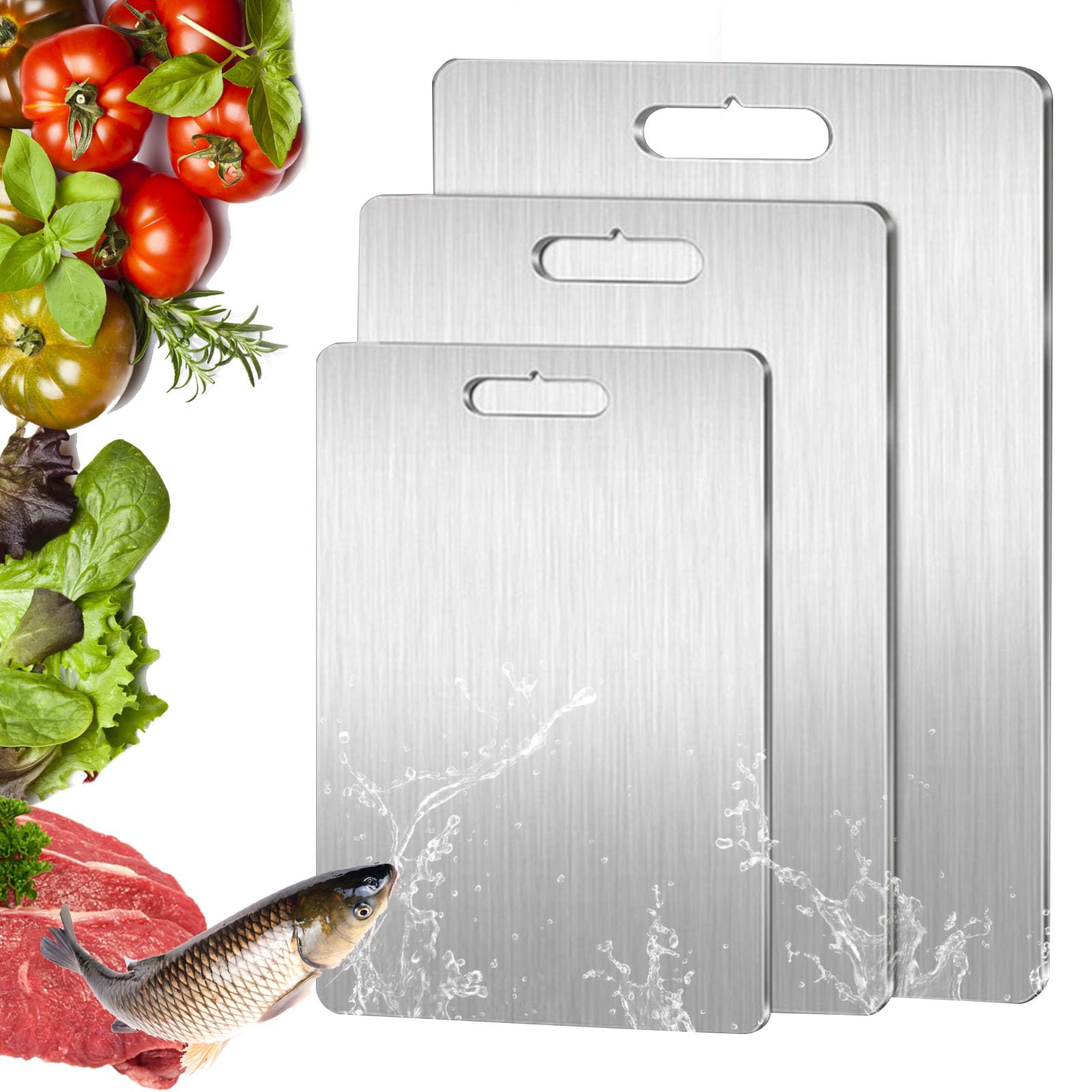 Cutting Board Set of 3, 100% Pure Titanium Cutting Boards for Kitchen, 2025 New Stainless Steel Cutting Boards, Scratch & Rust Resistant, Non-Slip Surface for Meat Vegetables Fruit, Easy Clean (3)