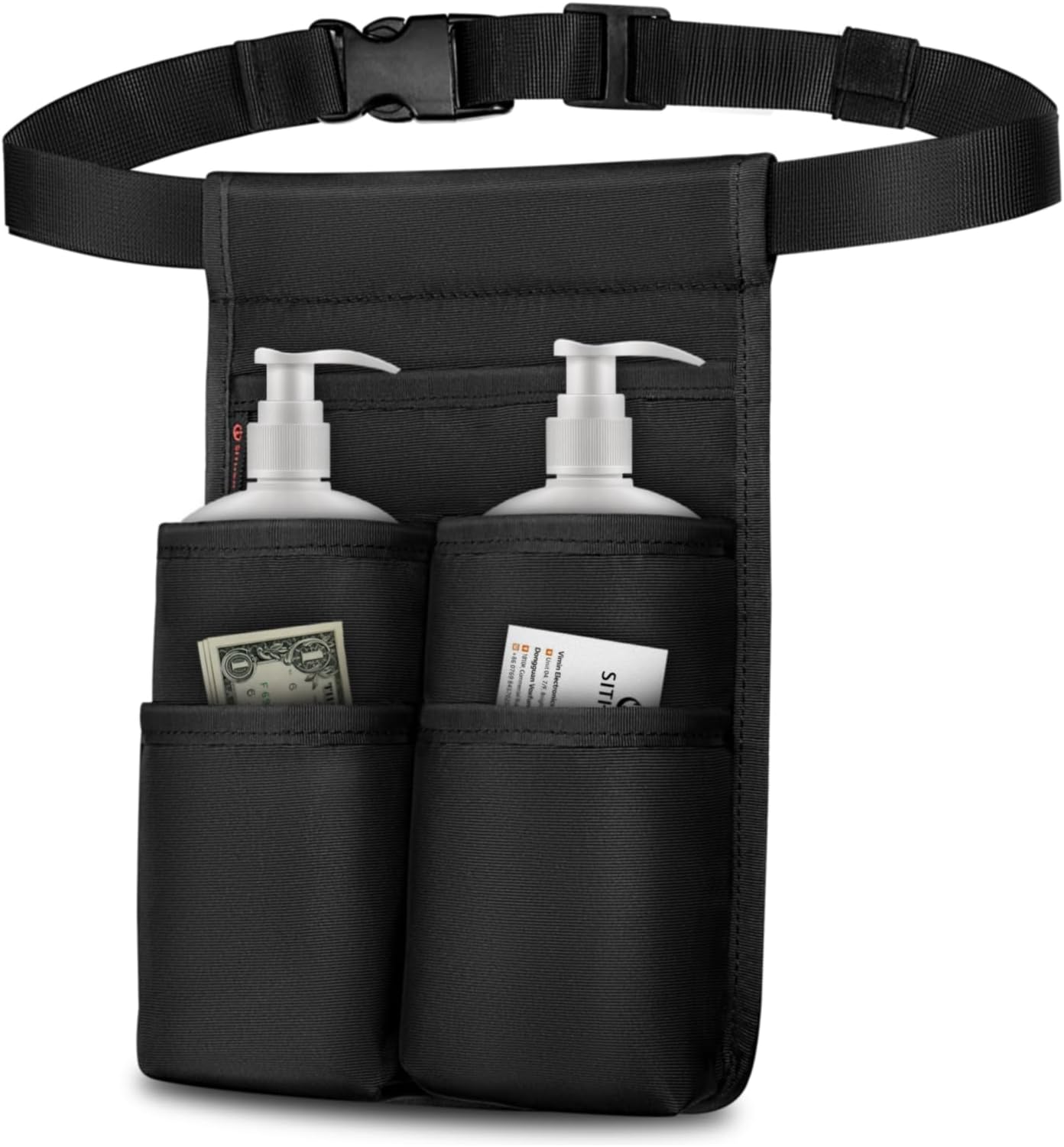 Massage Bottle Bag, Professional Massage Therapist Holster for 2 Bottles, Massage Lotion Oil Waist Holder Organizer with Adjustable Belt, Multiple Pockets (Bag Only), (Two-Bottle-Black)