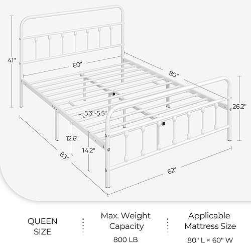 Miniatura 79 de Topeakmart Marco de cama de metal de estilo victoriano tamaño matrimonial con cabecero, base de colchón, no necesita somier, almacenamiento debajo