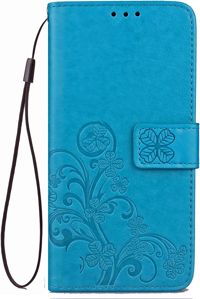 Ulefone S8 Pro Case Premium PU Leather Flip Cover 2 In 1 Screen Protector and Wallet Case Four Leaf Clover Embossed Retro Design Card Cash Slots Magnetic Flip Belt With Hand Strap (s8 pro, Blue)