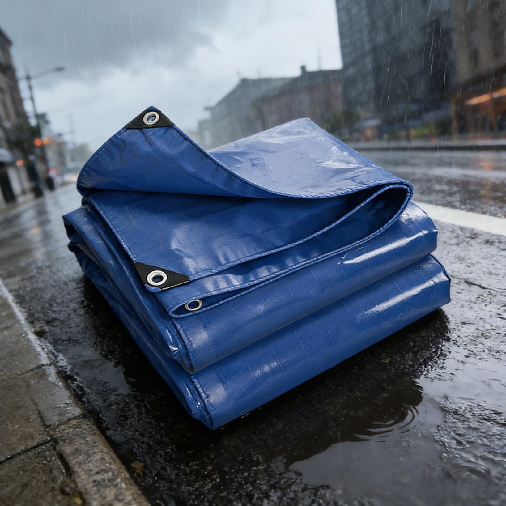 Lona con ojales impermeable que evita roturas por viento en muebles y leña