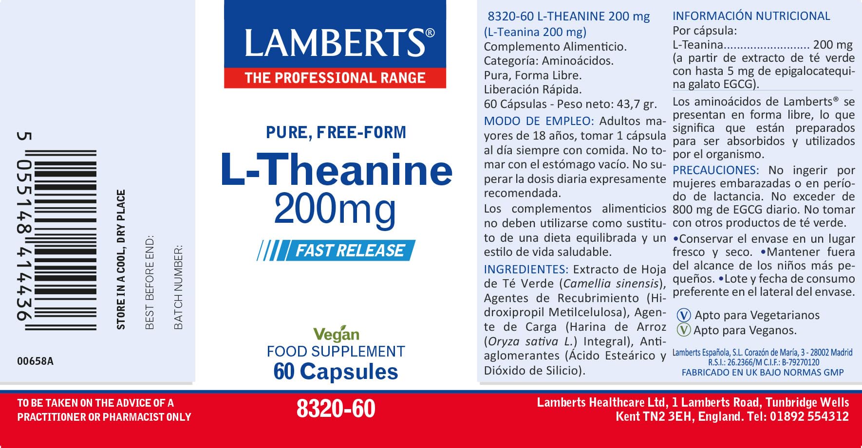 Lamberts L-Teanina 200 mg | Aminoácido del Té Verde | Rápida Liberación | 60 Cápsulas | Una al Día | Bienestar Diario | Calidad Farmacéutica GMP