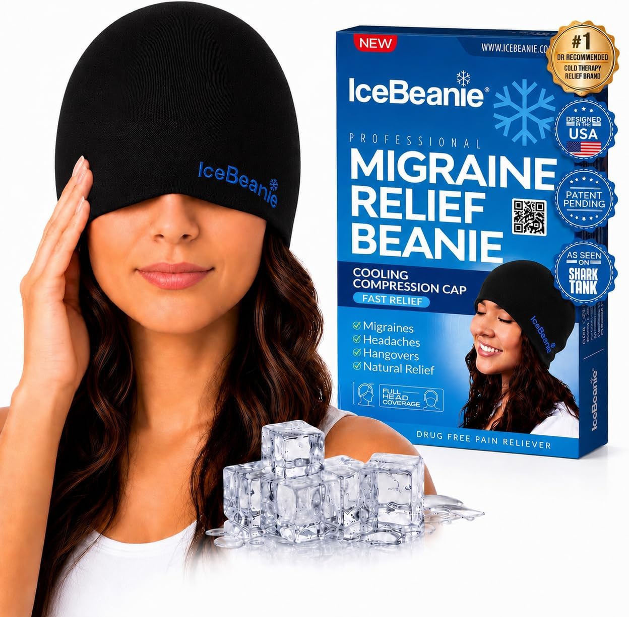 IceBeanie Migraine Relief Cap, As Seen on Shark Tank, Soft & Stretchy Gel Tension Headache Relief Cap, Extended Cooling Hangover Ice Hat, Odorless Cold Head Ice Pack Wrap, Headache Hat Migraine Mask