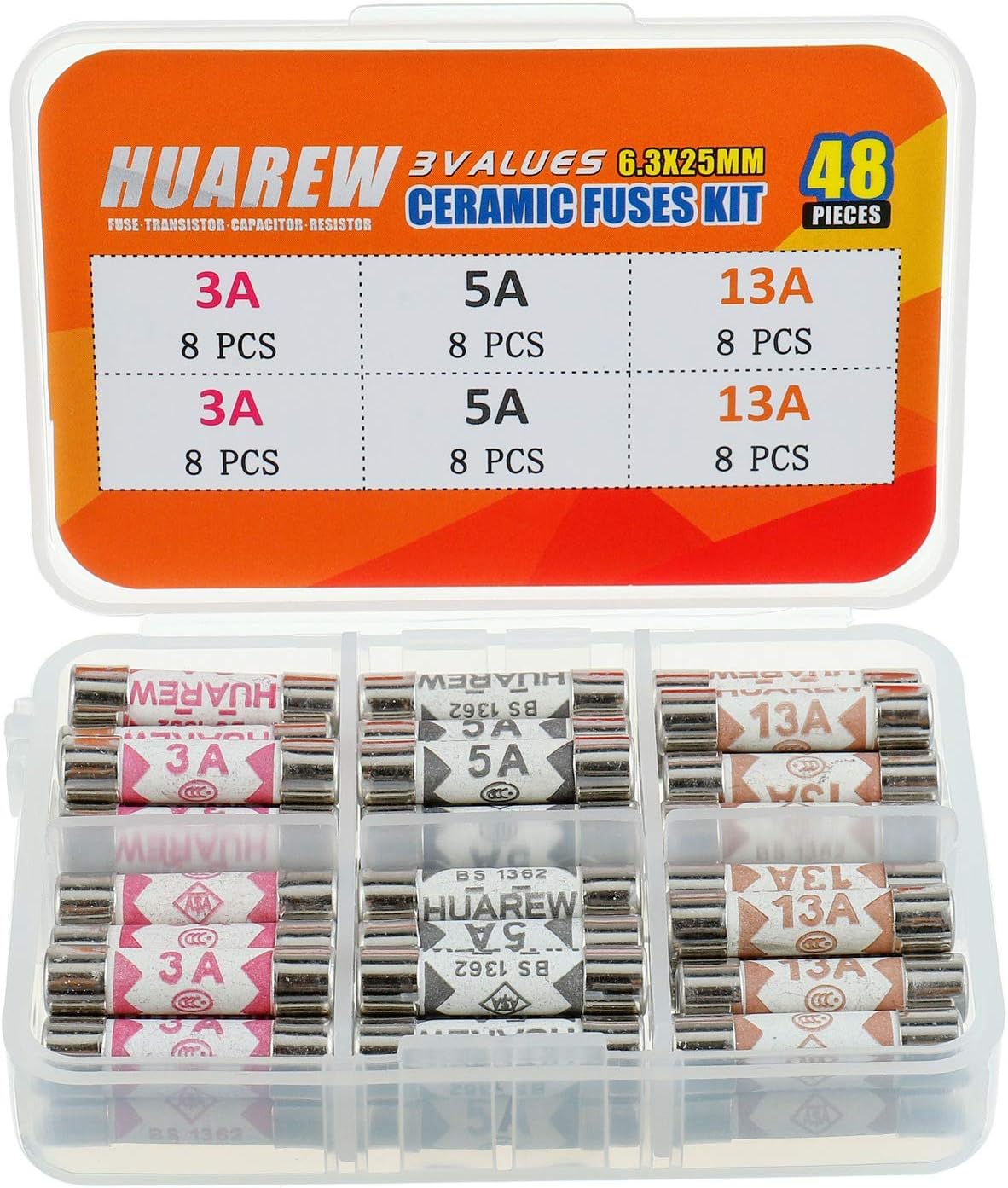 3 Values 48 Pcs 6.3x25 mm BS1362 3A 5A 13A 240 V 0.248x0.984 Inch Ceramic Tube Fuses Assortment Kit