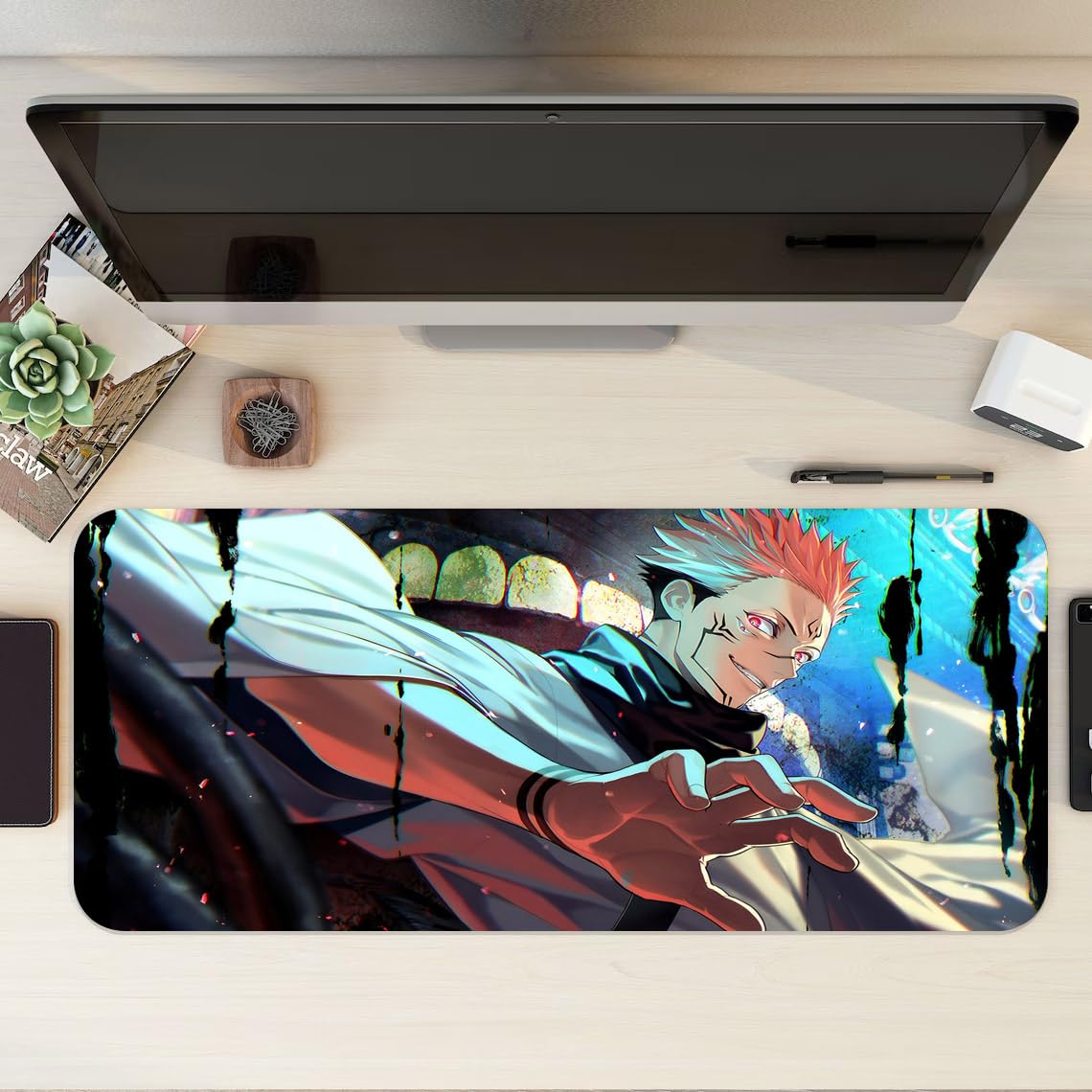 Gadgets WRAP Extra Large Desk Mat Mouse Pad 12 x 32 Inch, Anti-Slip, Spill-Resistant, Ideal for Home, Office, Gaming Setups - Sukuna