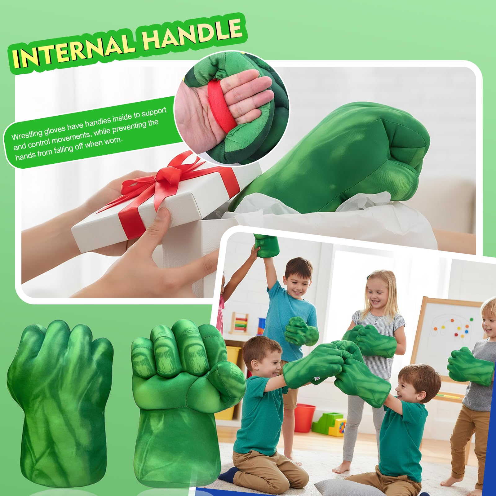 Gants de Boxe Enfant, poings en Peluche Douce, pour Cosplay, Noël, Halloween et Anniversaire, Cadeau Insolite pour garçons et Enfants (Vert)