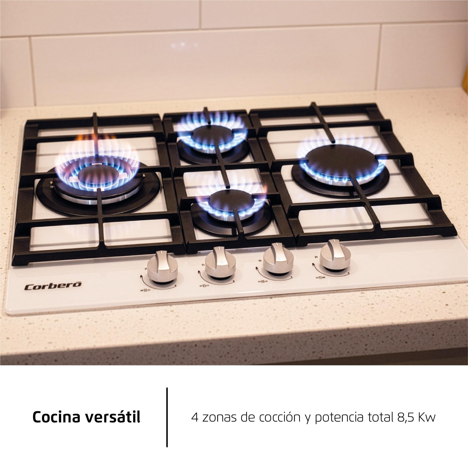 Corberó - szklana płyta gazowa LUX | CPCGM4F4126W | 4 strefy | moc 8,05 kW | samozapłon | strefa WOK | warstwa ochronna Clean + | automatyczne wyłączanie | białe szkło