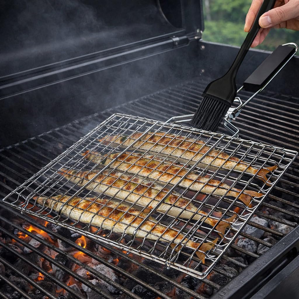 Rosenstein & Söhne Fischgrillzange: 2er-Set Faltbare Edelstahl-Fischbräter, Grillkorb für Fisch und Gemüse (Fischgrillgitter, Fischgriller, Picknick)