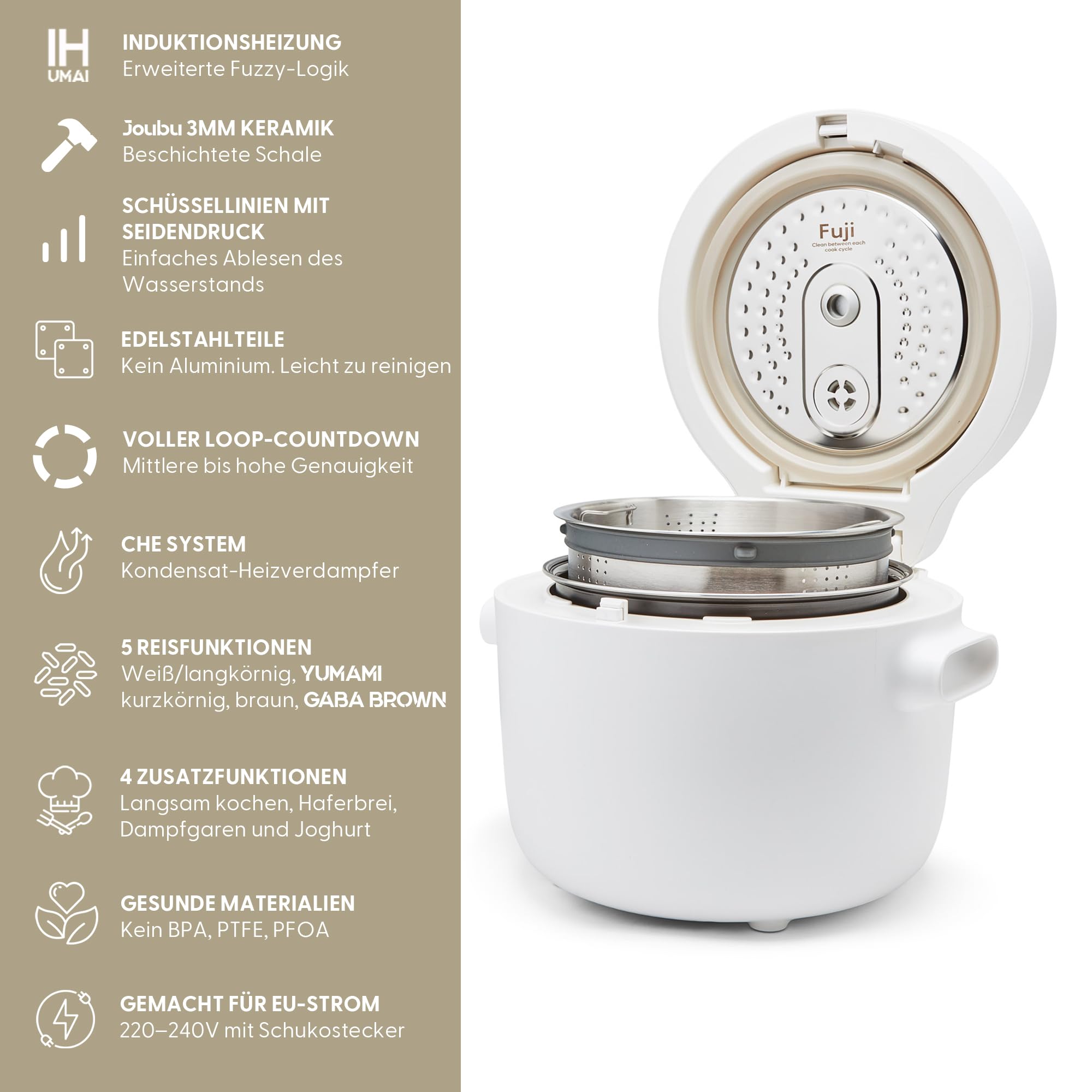 Yum Asia Fuji Reiskocher mit Induktions-Heizung (IH) und Keramikschüssel (5 Tassen, 1,0 Liter), 7 Reiskochfunktionen, 5 Multicooker-Funktionen, LED-Anzeige, 220-240V