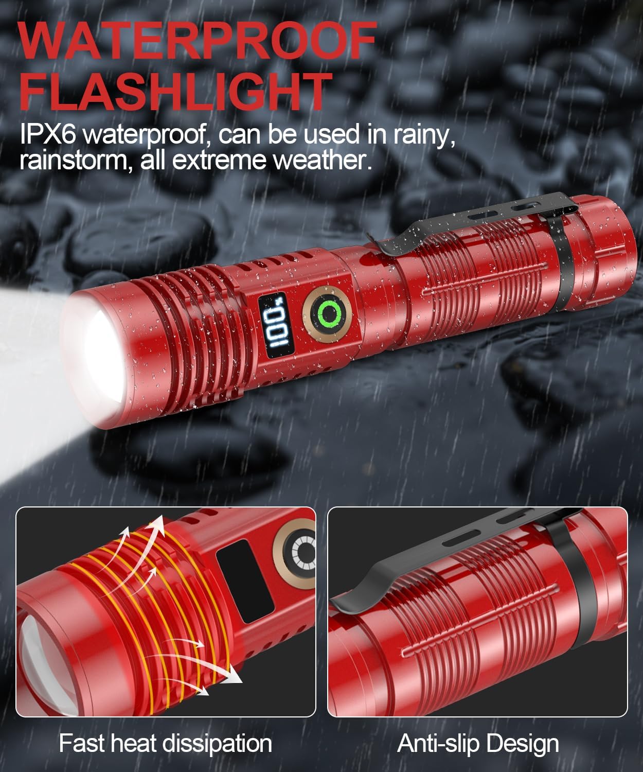 Rechargeable Flashlight High Lumens- Super Bright Magnetic Flash Light with Power Digital Display, Long Range,Dimmable,Waterproof,Pocket Tactical LED Flashlights for Emergency,Red 1PC