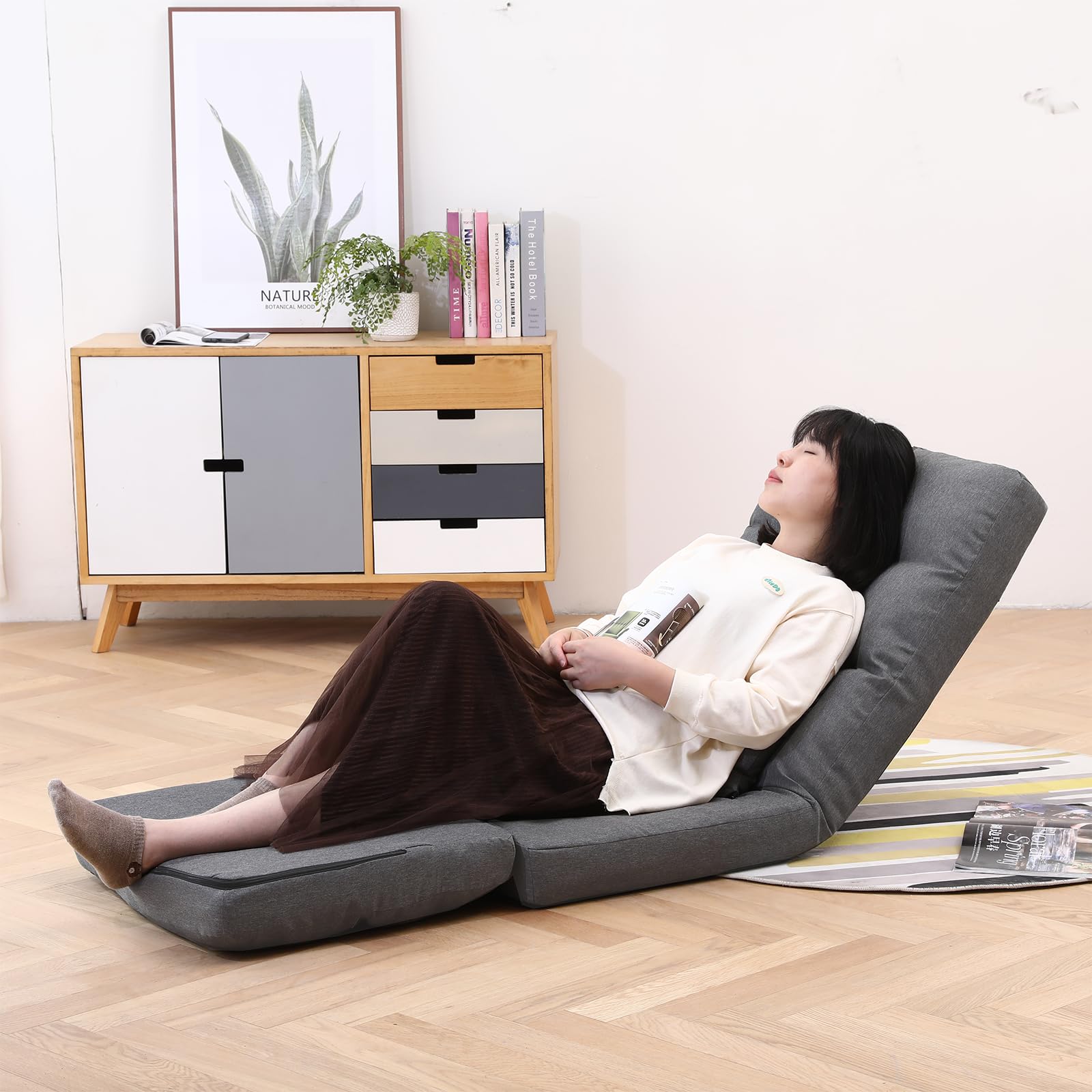 Fauteuil de Sol Réglable en 14 Positions, Chaise Paresseuse Avec Dossier, Pouvant Supporter Jusqu'à 160KG, Style Japonais
