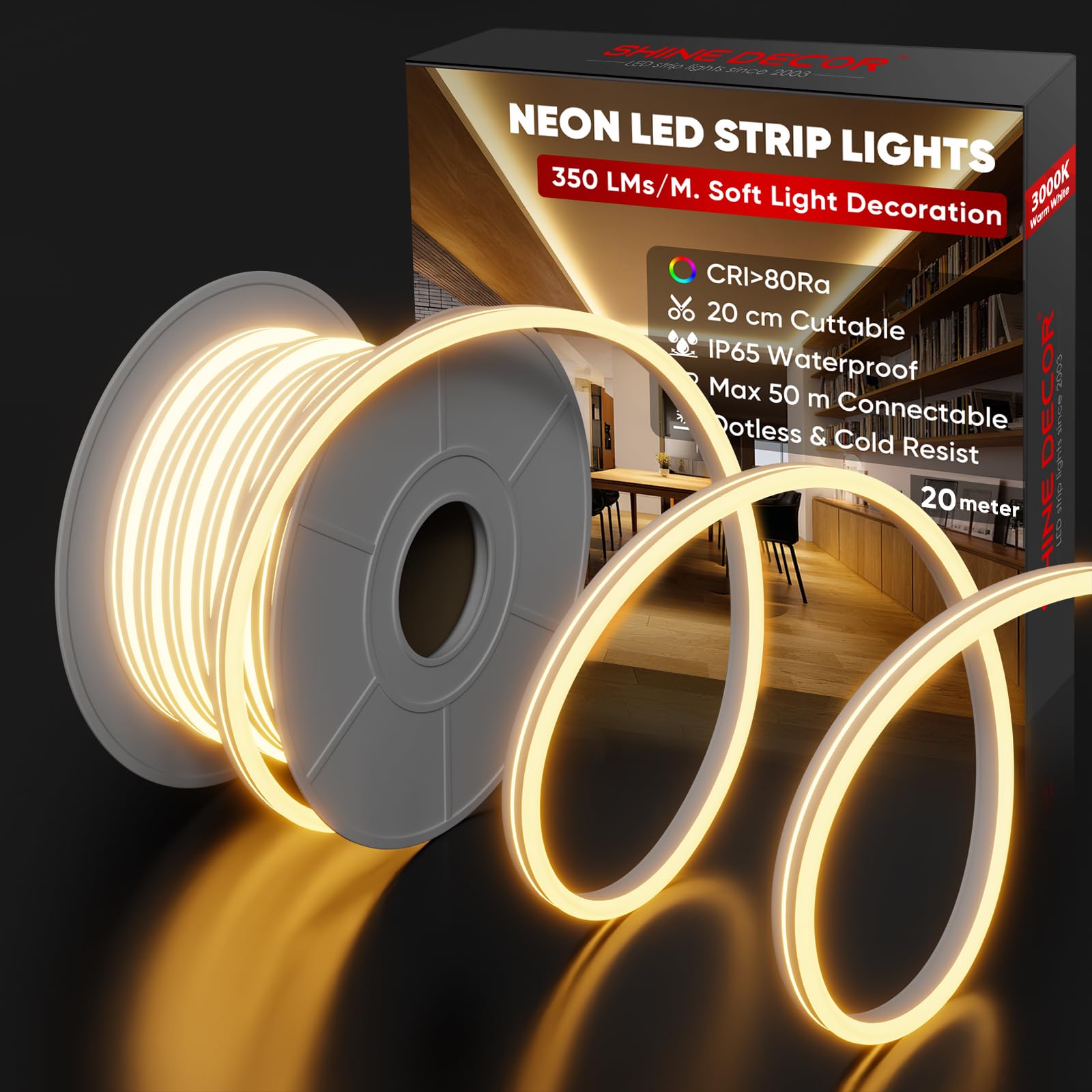 Shine Decor Neon LED Streifen 20m, AC 230V IP65 Wasserdicht LED Band, 120 leds/m Flexible LED-Neon Lichterketten für Home Decoration Küche Garten Beleuchtung (20M, Warmweiß, CE Zertifiziert)