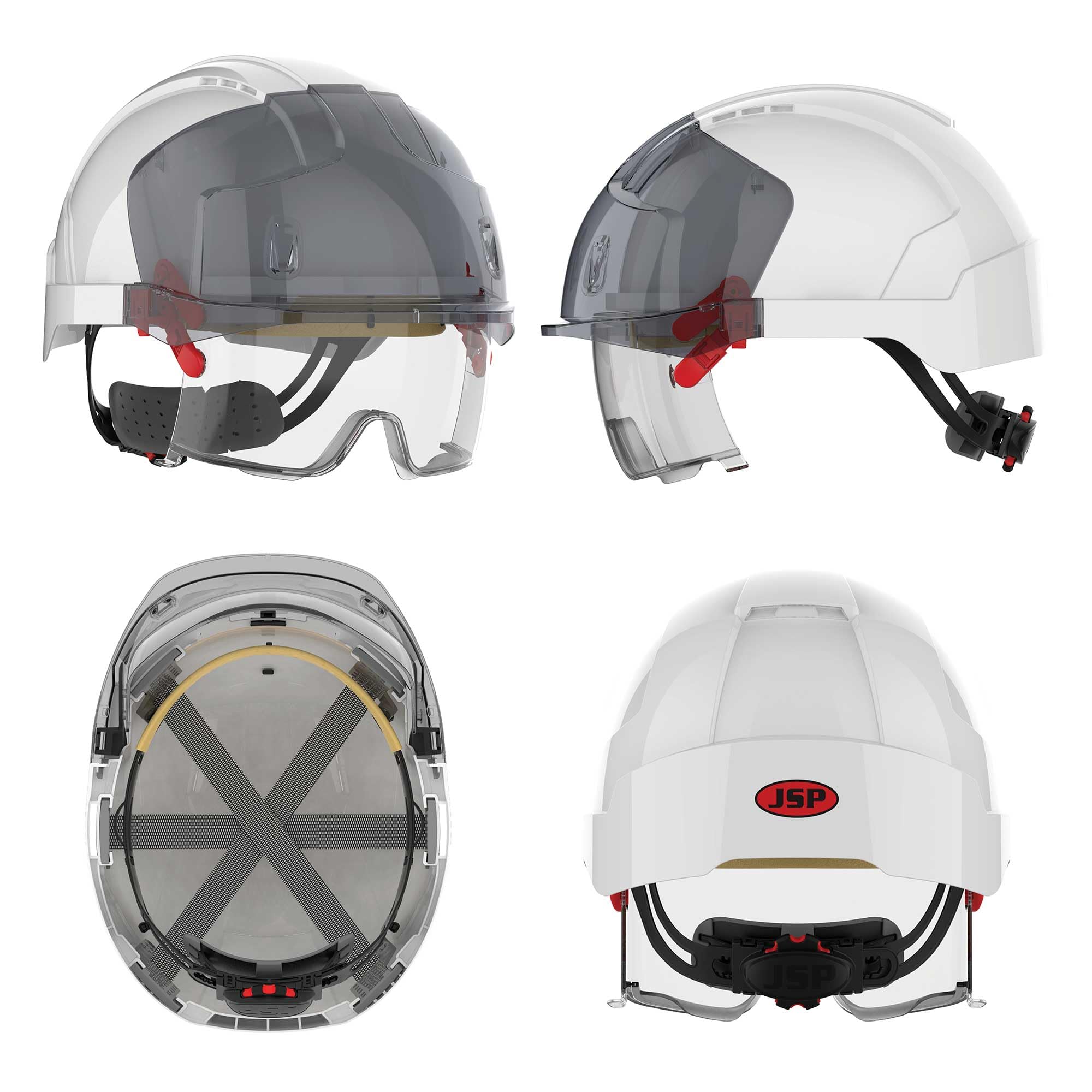 JSP Evo VISTALENS Casque de sécurité avec Lunettes intégrées - Aéré - Blanc/Fumé - Casque Chantier avec visière de Protection pour démolition, Industrie & travaux Routiers - en 397