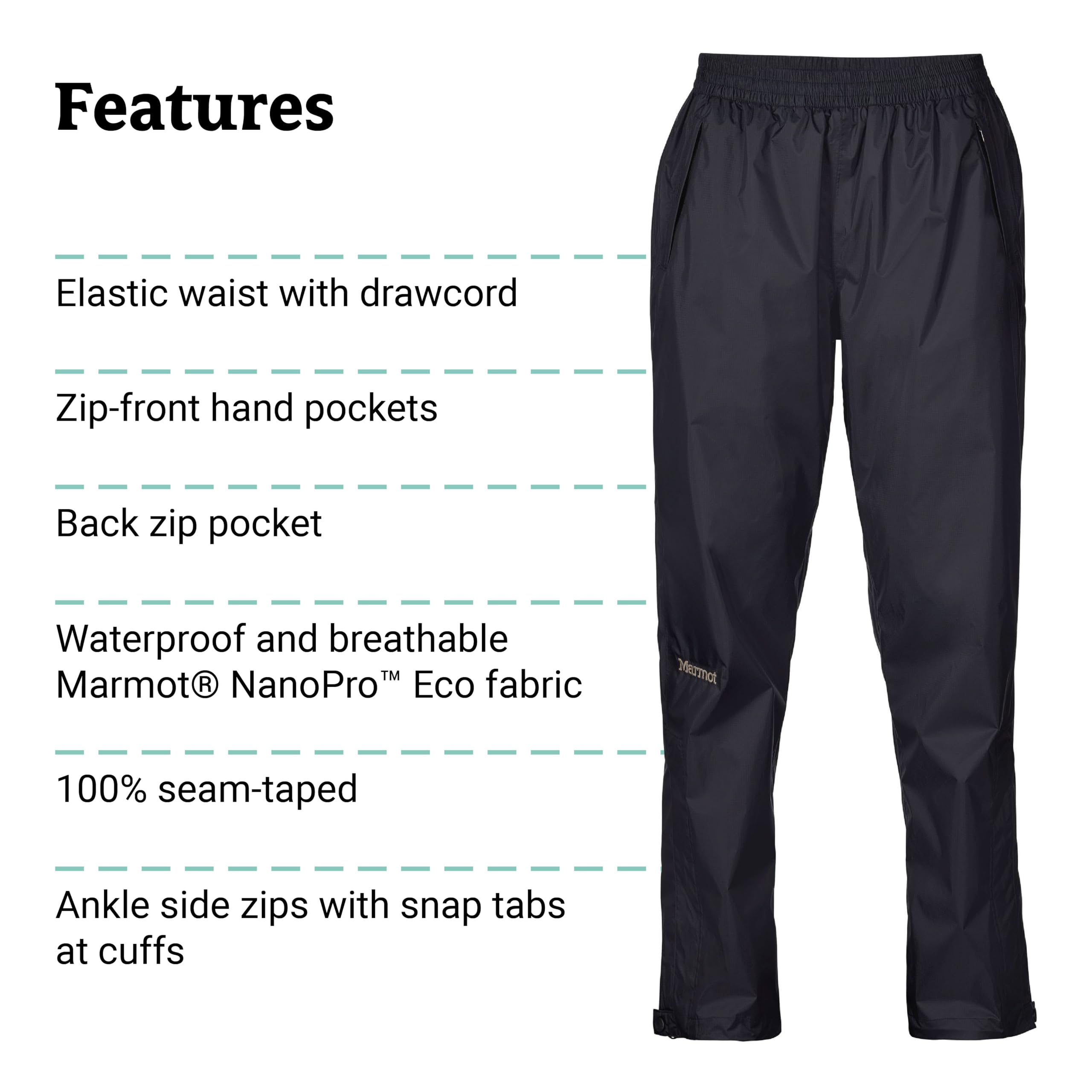 Marmot Wm's Precip Eco Pant - Pantalon de Pluie Hardshell, vêtement de Pluie léger, Coupe-Vent, imperméable à l'eau, Respirant - Wm's PreCip Eco Pant - Femme