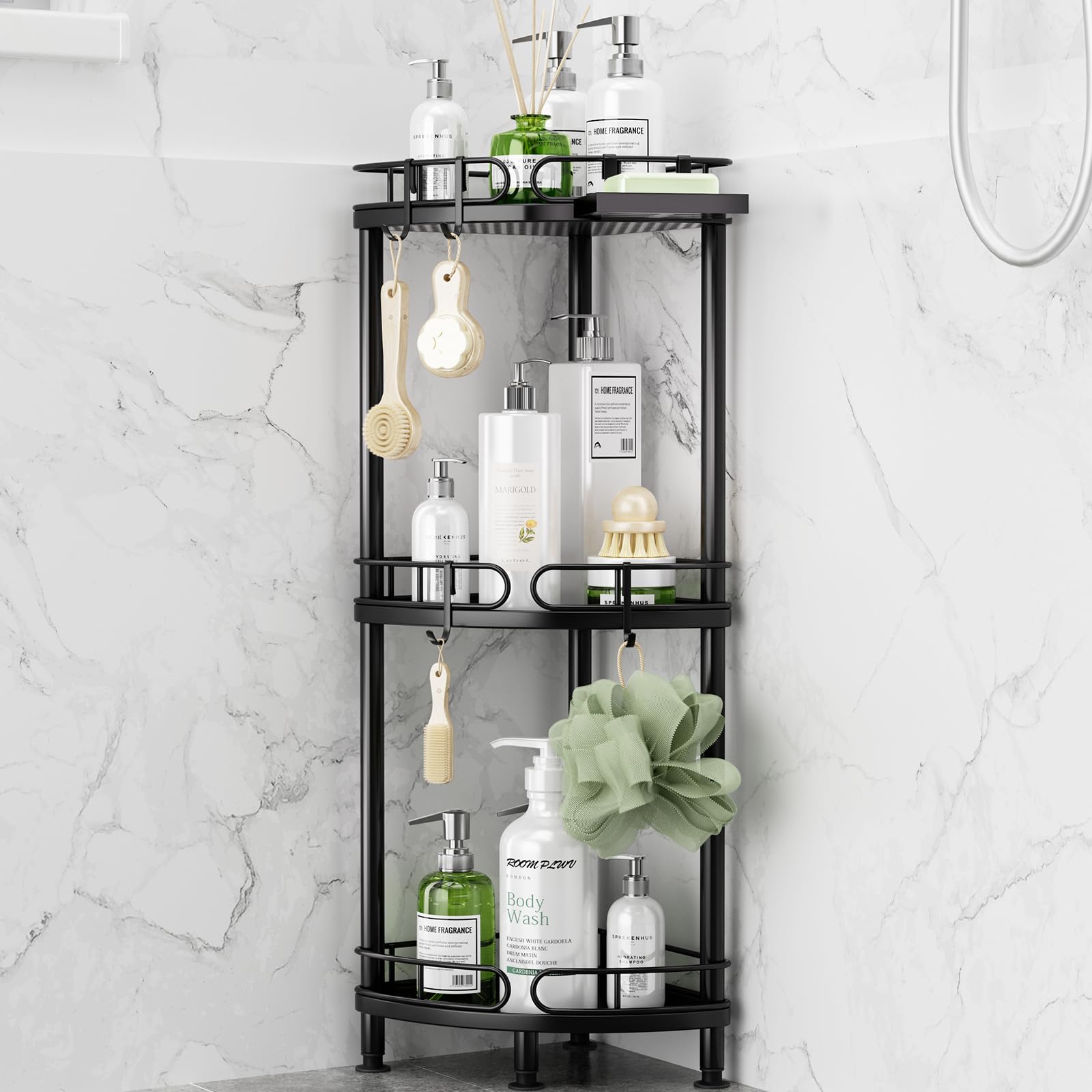 Photo 1 of ******Missing Hardware ******SWTYMIKI Corner Shower Caddy Standing - 3 Tier Rustproof Metal Shower Organizer Stand with Soap Holder and 4 Hooks, Freestanding Floor Shower Storage Stands for Bathroom, Black