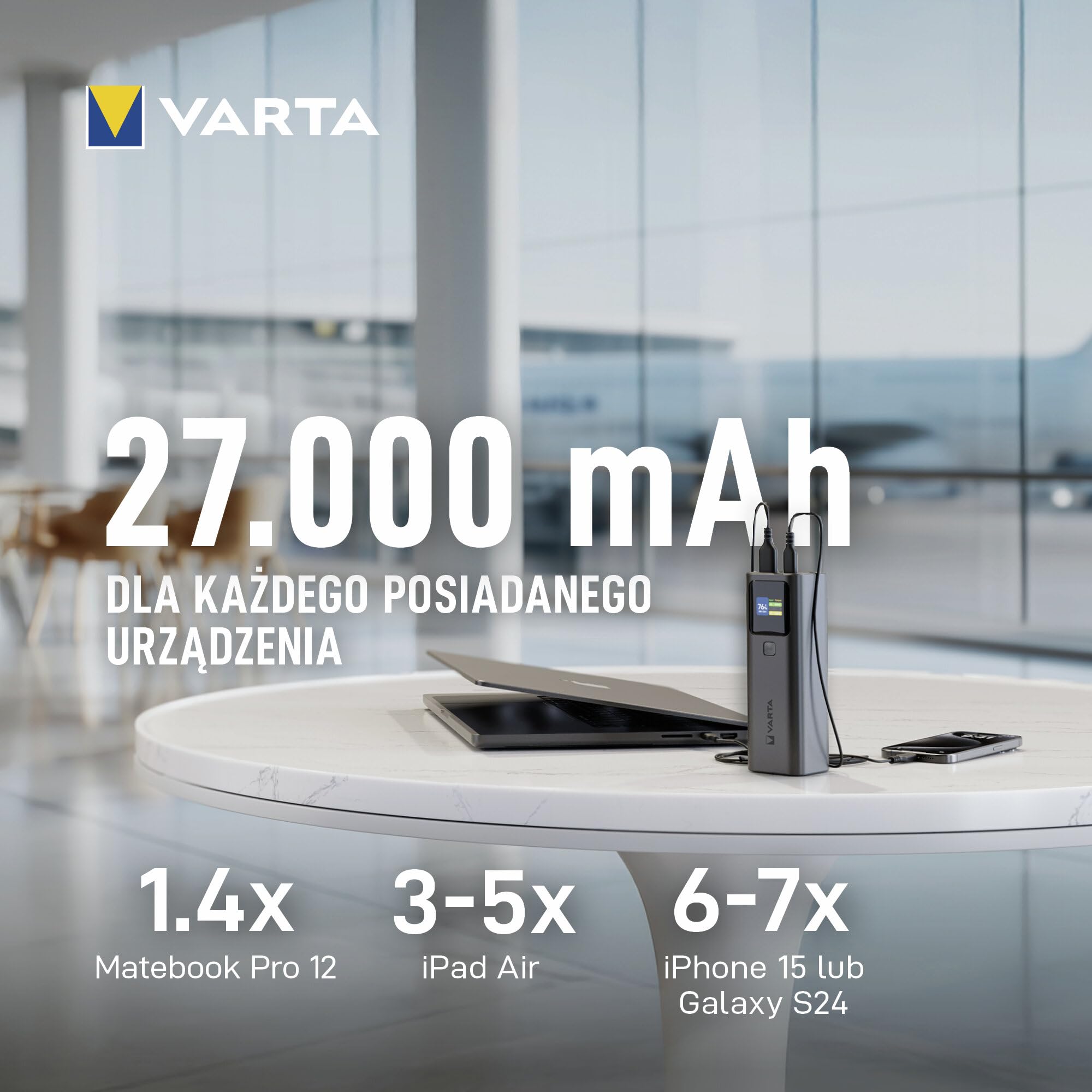 Superszybki VARTA Power Bank 140 W 27000mAh, 2x USB-C, 1x USB-A, powerbank do laptopa, smartfona i tabletu, wyświetlacz cyfrowy, zdolny do lotu, w zestawie kabel 140 W