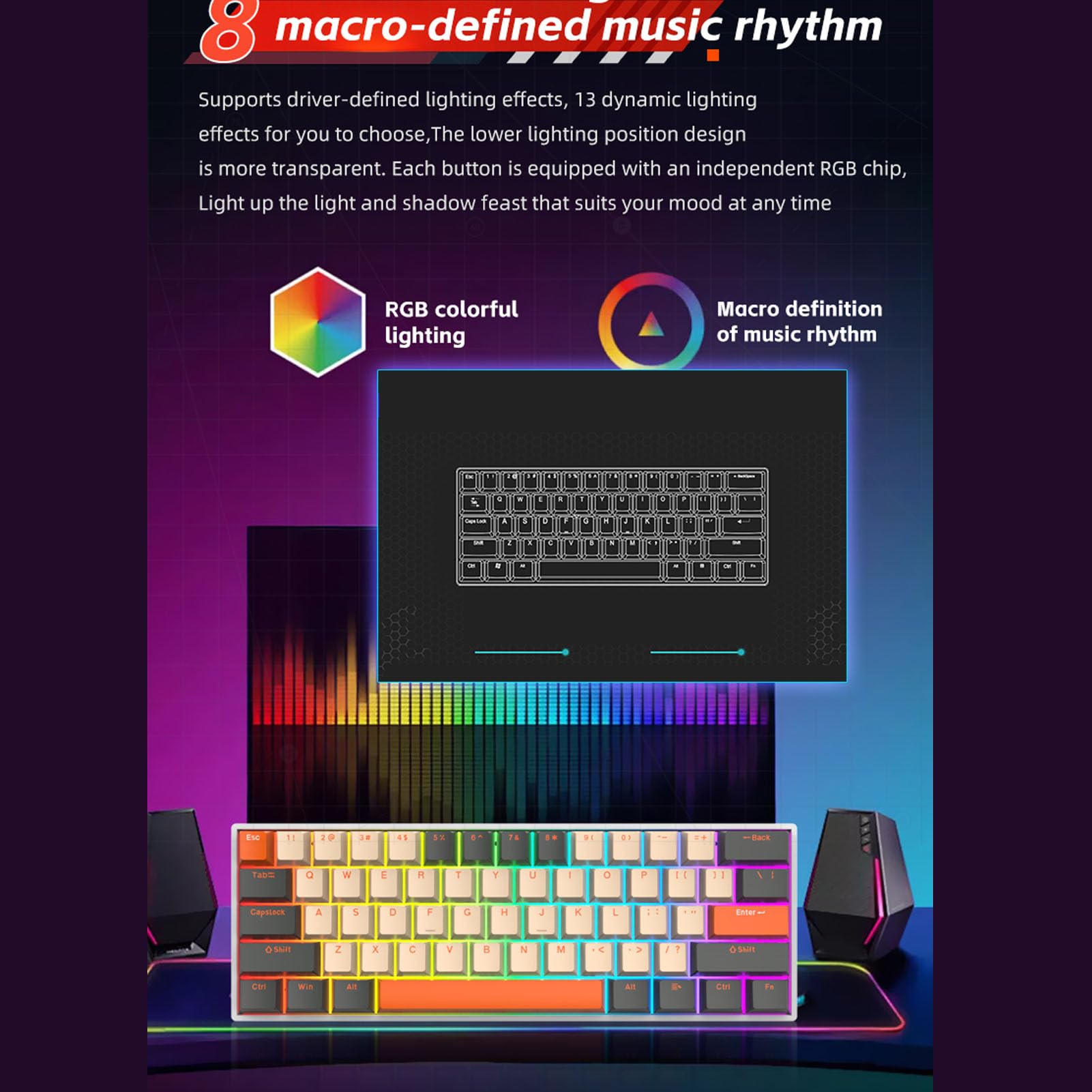 Clavier Mécanique sans Fil à 3 Modes, Clavier de Jeu Filaire BT 2,4 GHz avec Interrupteur, D'ordinateur Compact à 61 Touches pour Le Travail et Les Jeux (Orange)