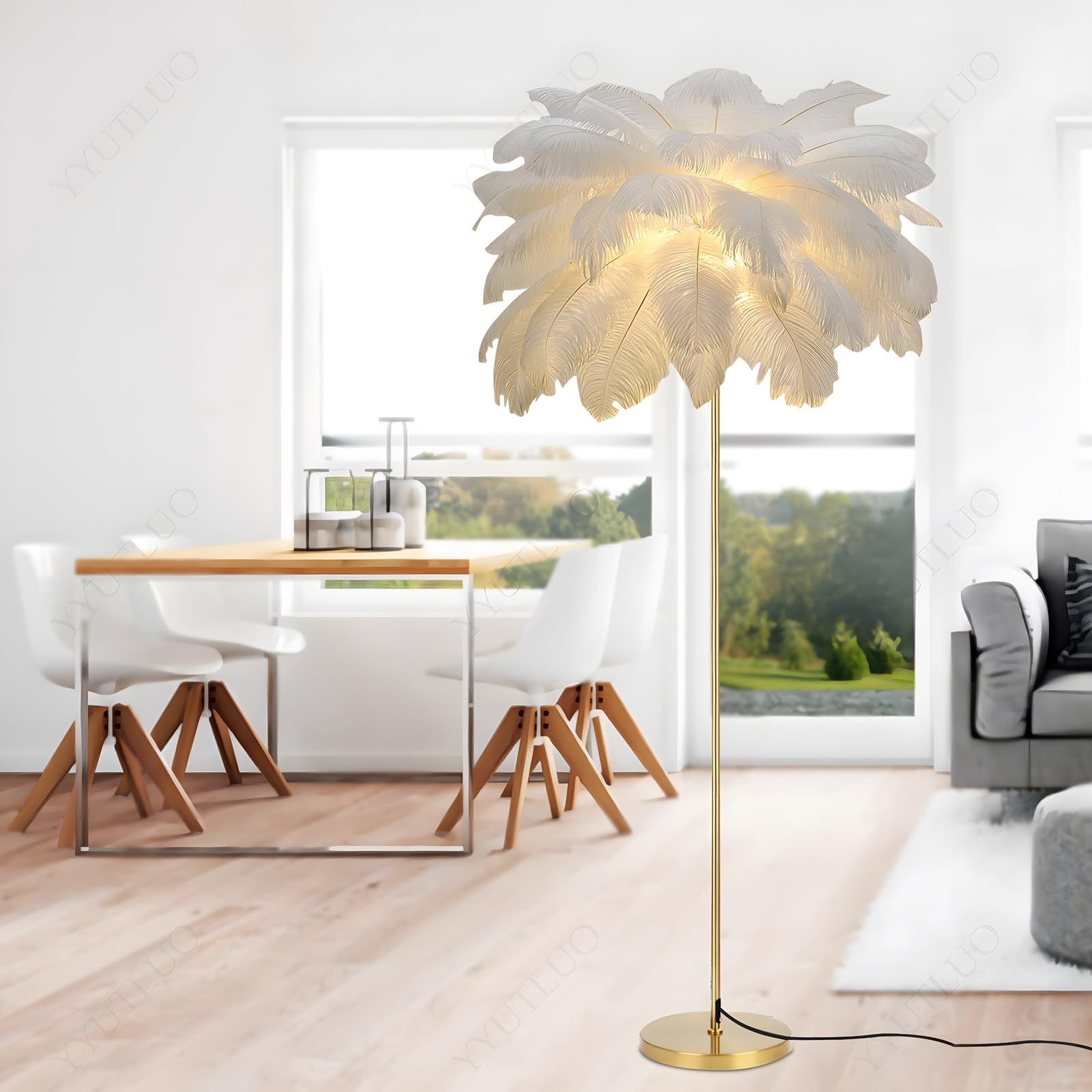 Lampada Moderna Con Piume, Lampada Da Terra In Piume Di Struzzo Naturale, Altezza 160cm, Palo E Base In Oro, Lampadine A LED G4 A 3 Temperature Di Colore, Soggiorno Camera Letto Per (Bianco)