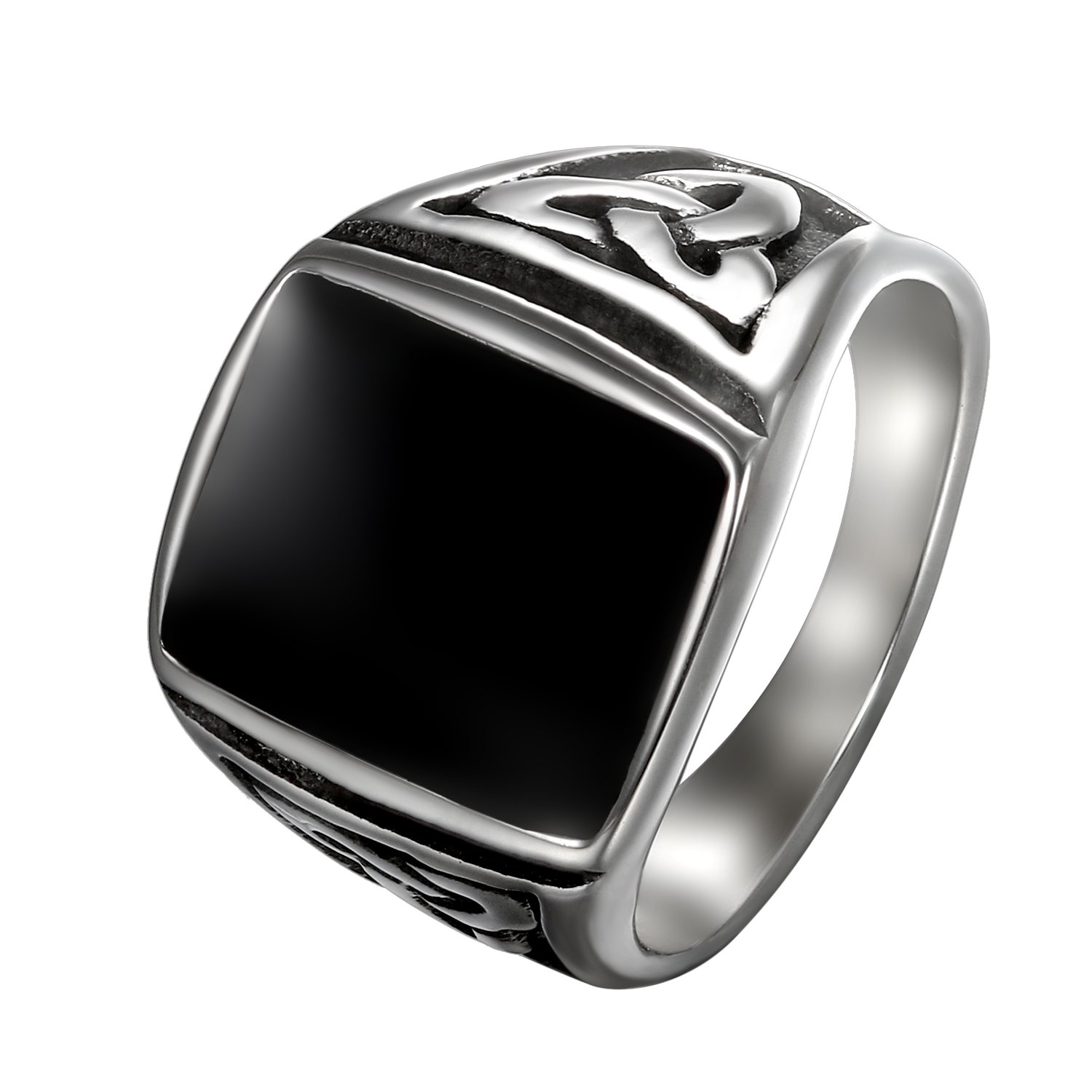 Flongo Anillo de Compromiso de Hombre, Anillo de Sello Grande con Piedra Negra, Anillo de Celta Acero Inoxidable de diseño Retro Vintage, Plateado Negro Talla 14-30