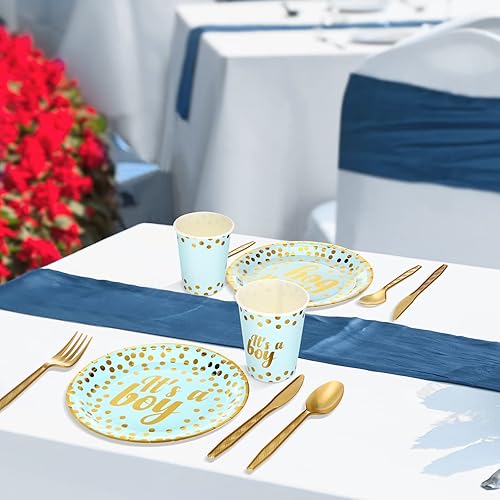 Miniatura 6 de Lallisa 350 piezas de suministros de fiesta azules y dorados desechables para 50 invitados, platos de papel azul con puntos dorados, tazas,