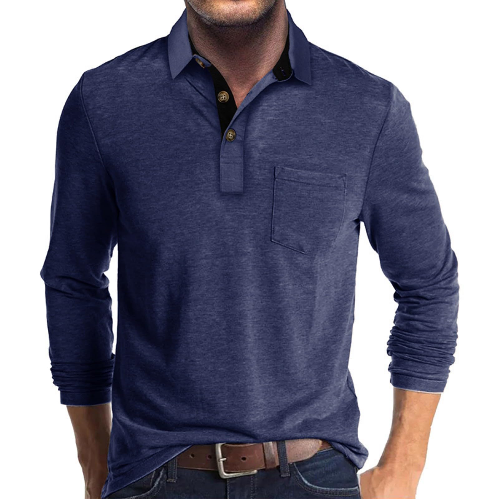 Men's Long Sleeve Polo Shirts Casual Button Classic Work Shirt Cotton Collared Basic Golf Shirt with Pocket Navy