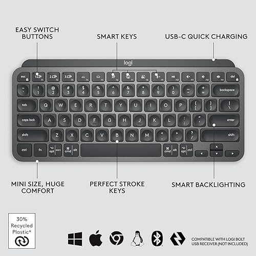 Miniatura 7 de Logitech MX Keys Mini - Teclado minimalista, iluminado, inalámbrico, compacto, con Bluetooth, retroiluminación, USB-C, compatible con Apple macOS