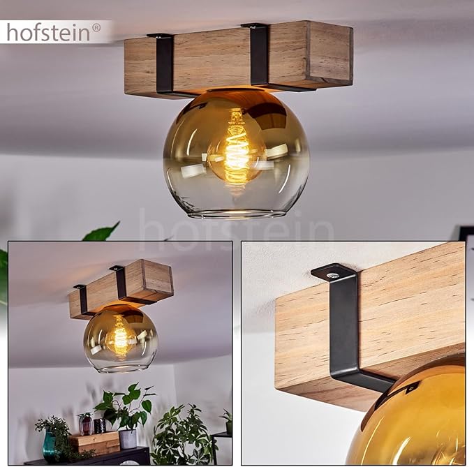hofstein HOFSTEIN Plafondlamp Montgomery, plafondlamp van metaal/hout/glas in zwart/natuur/goudkleuren/helder, Scandinavisch design met houten balken en kap van glas (Ø 15 cm), 1 x E27, zonder lamp photo 2