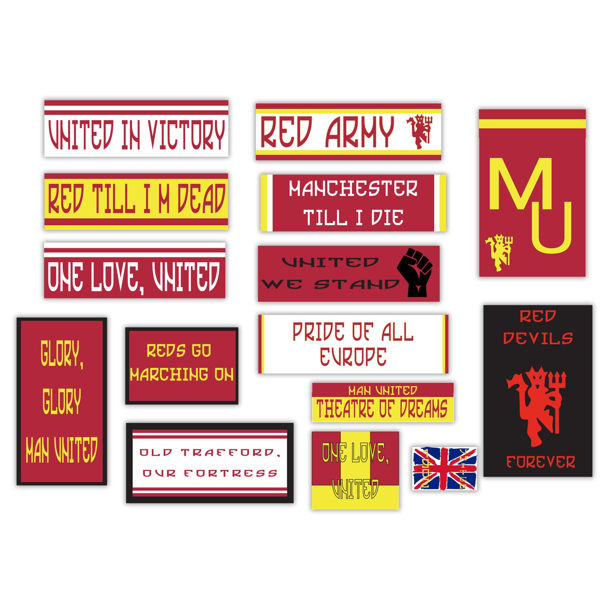 GamesMonkey® - Kit 15 Ultras Man United Stickers - Ultras Red Devils Manchester - Glossy Vinyl HD Flags and Lettering for Fans