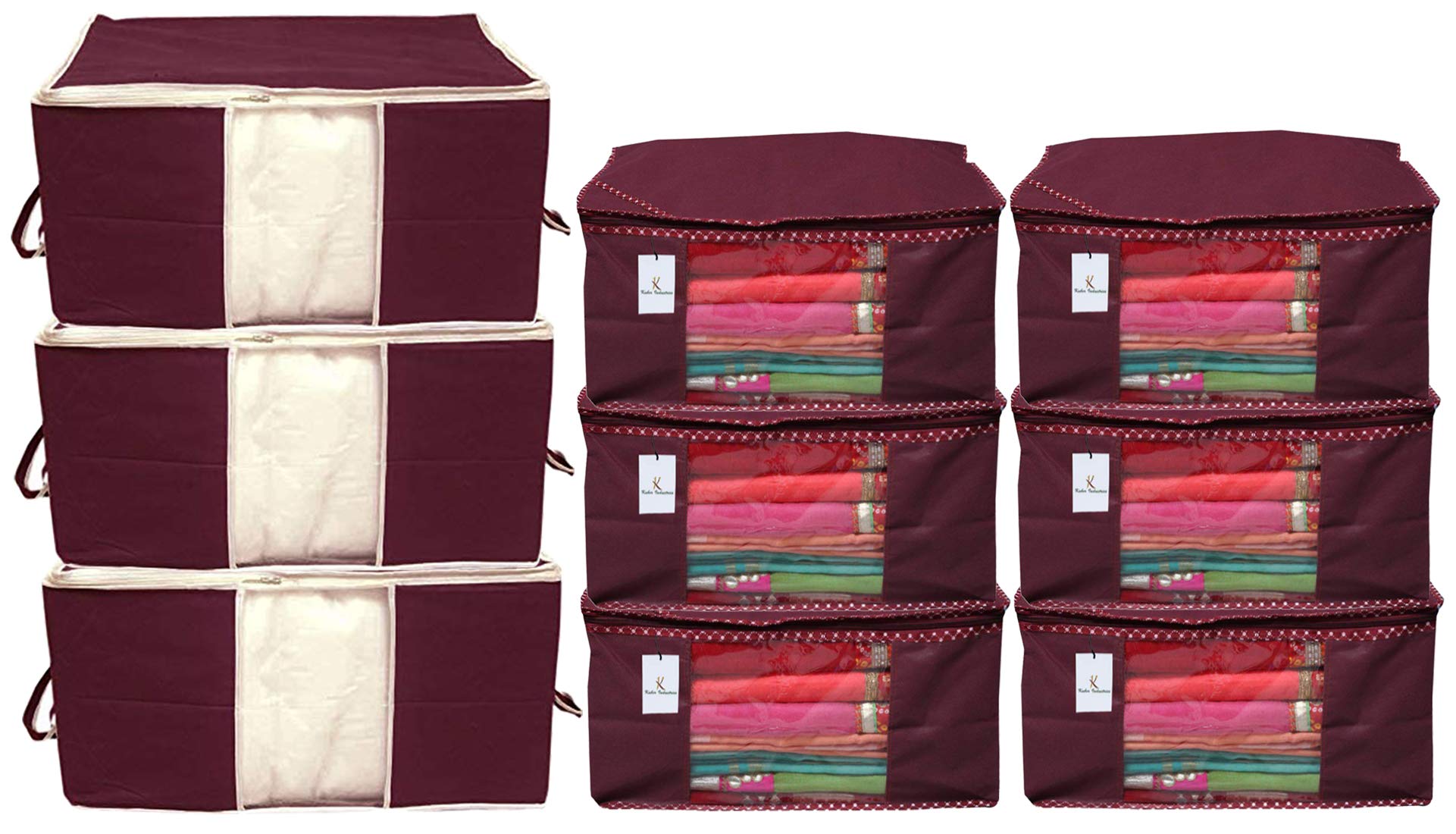 Kuber Industries Non Woven 6 Pieces Saree Cover and 3 Pieces Underbed Storage Bag, Cloth Organizer for Storage, Blanket Cover Combo Set (Maroon) - CTKTC038459-image-26