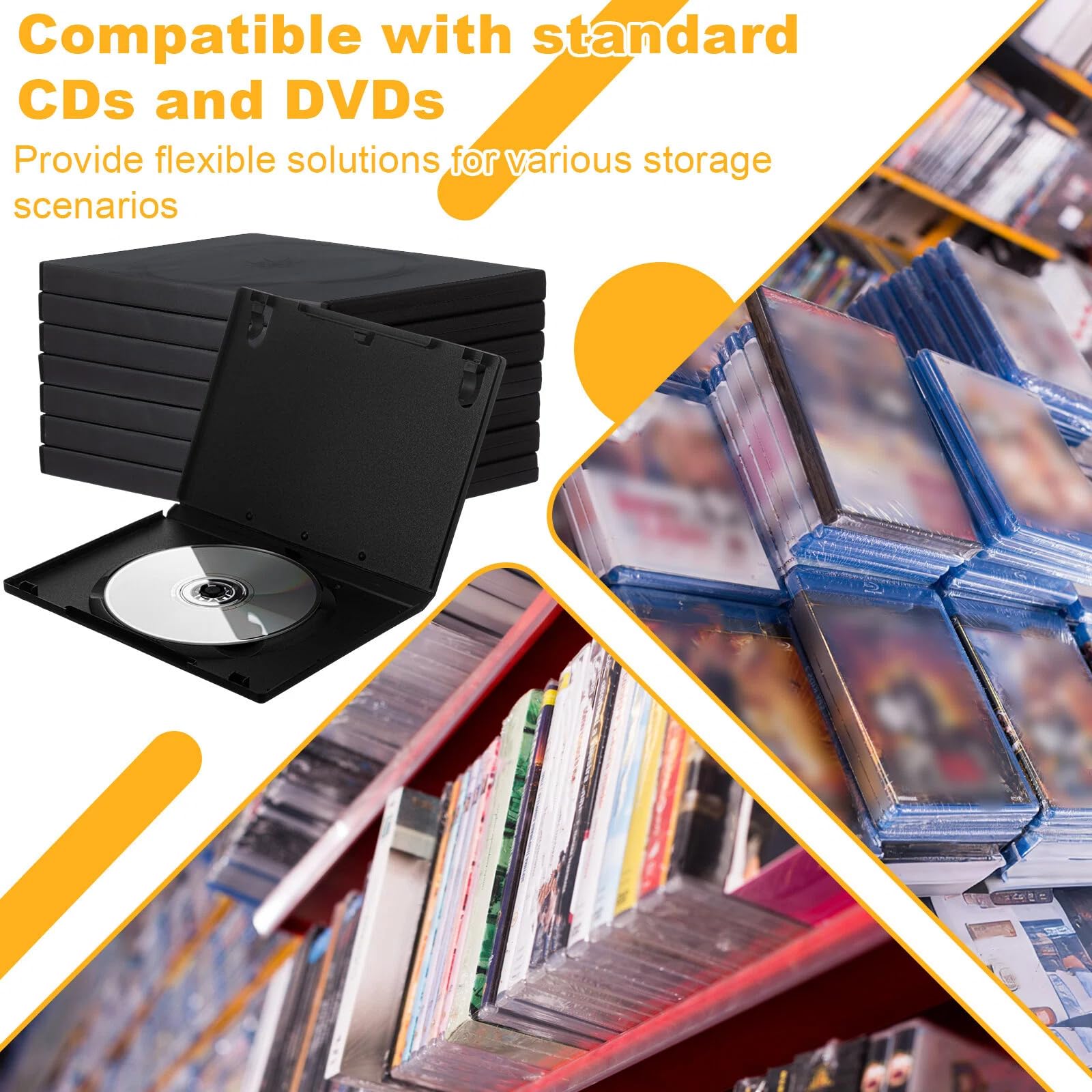Paquete de 100 fundas estándar negras para DVD individuales de 14 mm, disco de plástico de 5.3 x 7.5 x 0.55 pulgadas con fundas protectoras transparentes y soporte de bloqueo de seguridad