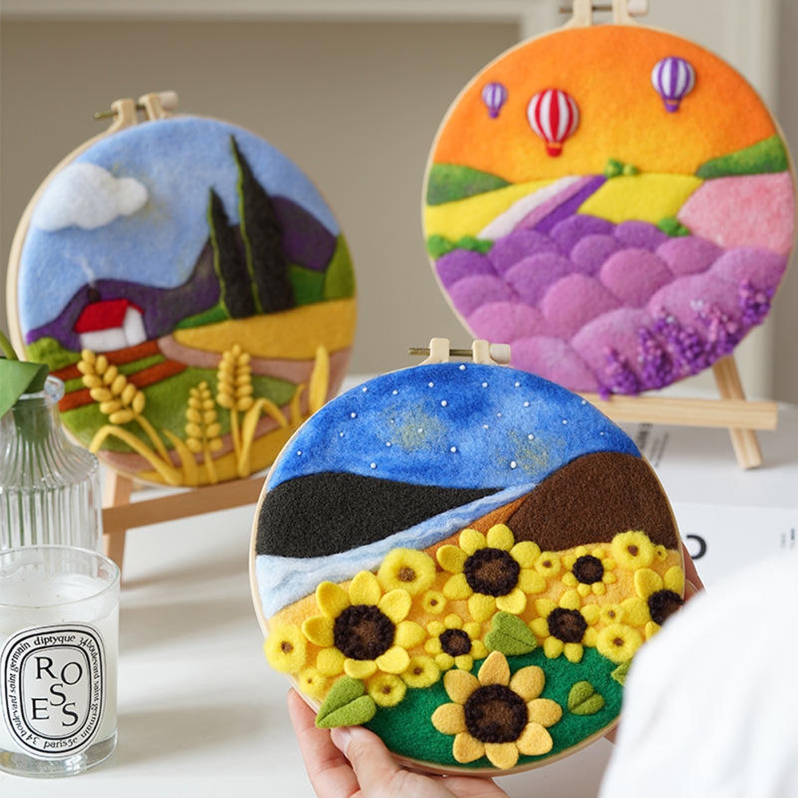 Kits de fieltro con aguja para principiantes, 2 juegos de kit de inicio de fieltro con aguja de lana para bricolaje, juego de fieltro con aguja con marco de fotos, aros de bordado con almohadilla(Colo