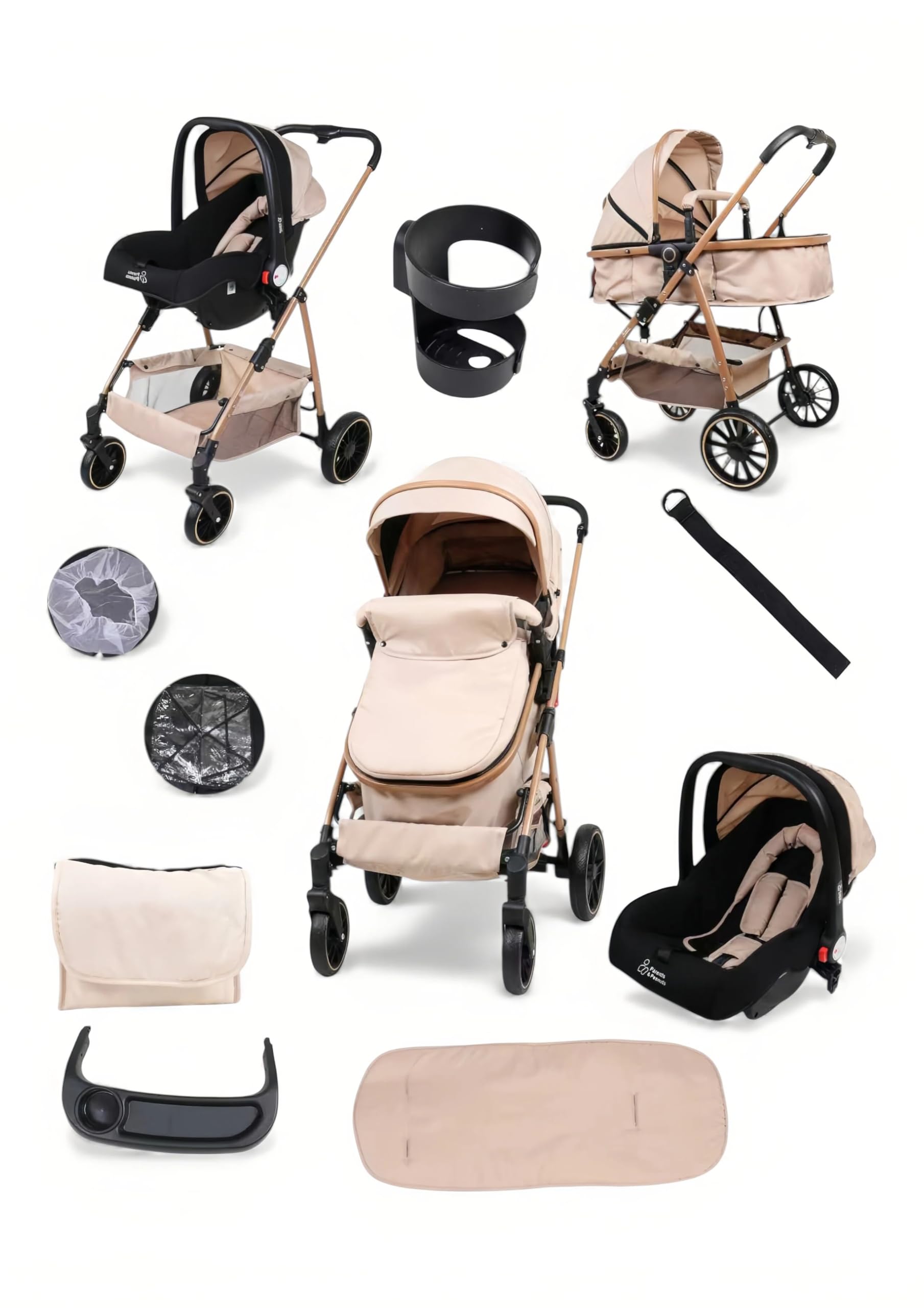 Parents & Peanuts 3 in 1 Baby Travel System Pram Pushchair with Infant Car Seat (Beige)
