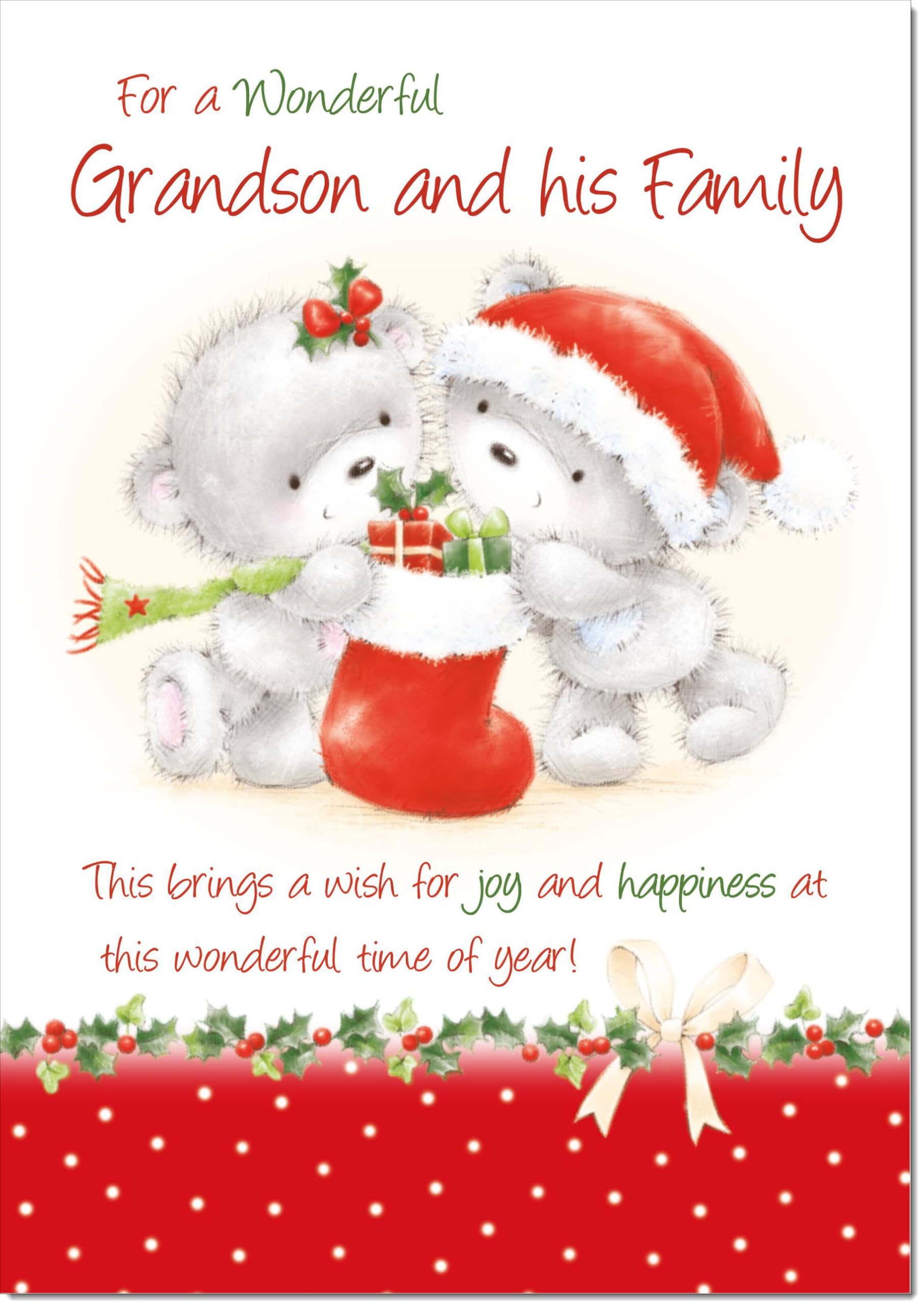 doodlecards Grandson and Family Christmas Card Cute Bears with Stocking Large A4 Size Christmas Card for Grandson & Family with Plain Envelope — image 1