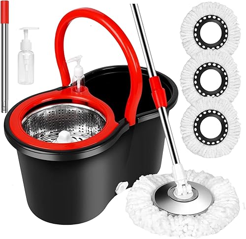 Trapeador giratorio y cubo con juego de escurridor, sistema de cubo giratorio de 360 con 3 cabezales de repuesto de fregona de microfibra, mango