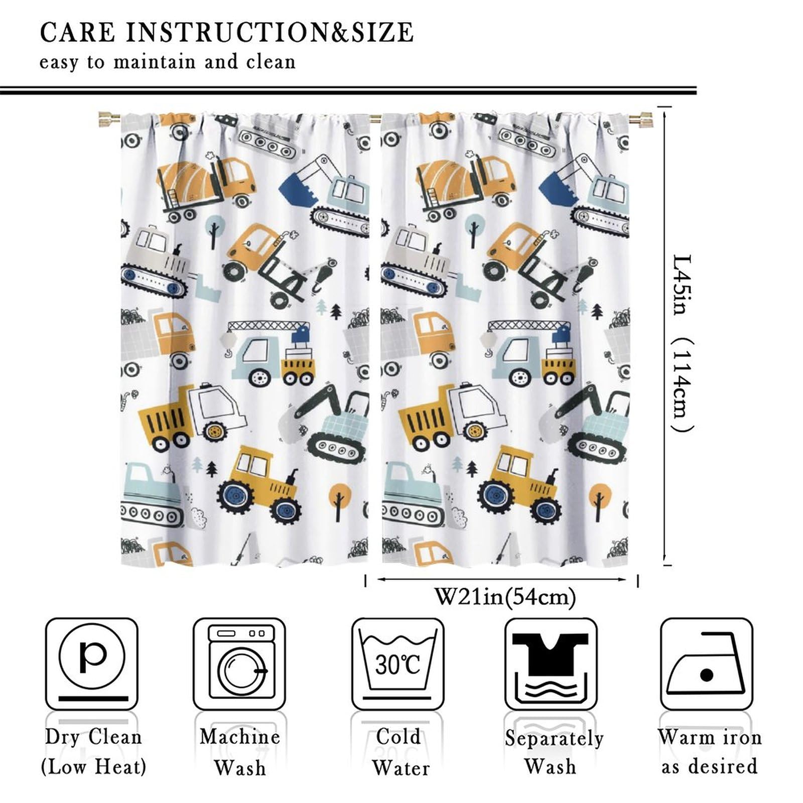 Cartoon Truck Excavator Curtains,Boys Room Decor Construction Equipment Truck Car Window Curtains Thermal Insulated Rod Pocket Blackout Curtains for Bedroom 2 Panels 45
