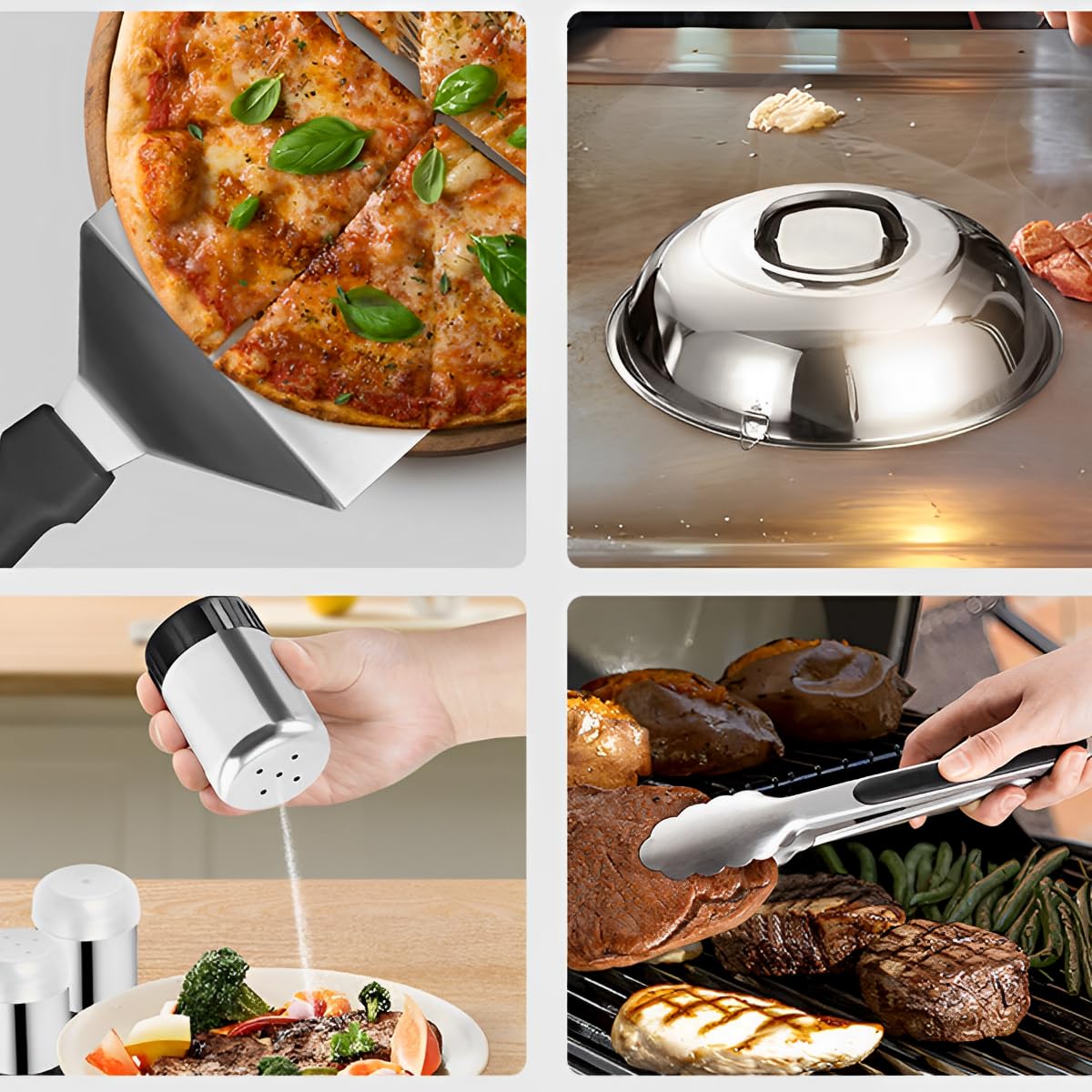 Kit di accessori per piastra da 137 pezzi, in acciaio inox, utensili per barbecue per griglia piatta, piastra e cottura all'aperto, include pressa per hamburger, spatole per grill, cupola, pinze e