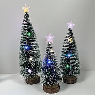 Arbol de Navidad Artificial Pequeño, 3 Piezas Mini árbol de Navidad con LED Luces, con Base de Madera De Escritorio para En Casa, Oficina Adornos Navidad (Luce colorata)