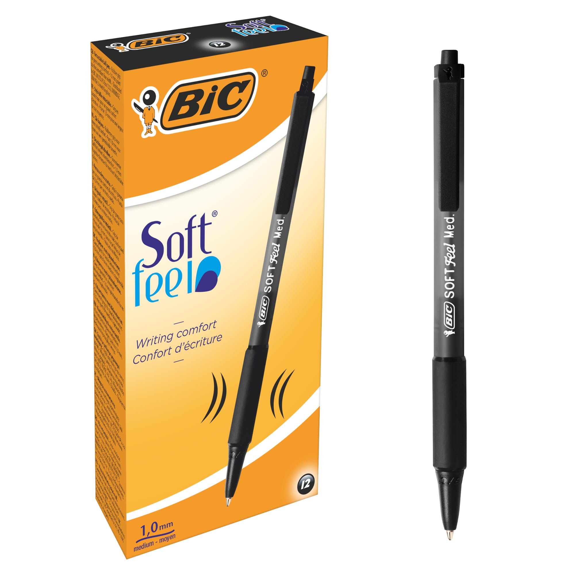 Bic Soft Feel Clic Grip - Bolígrafo de bola retráctil negro (trazo de 1 mm, 12 unidades)