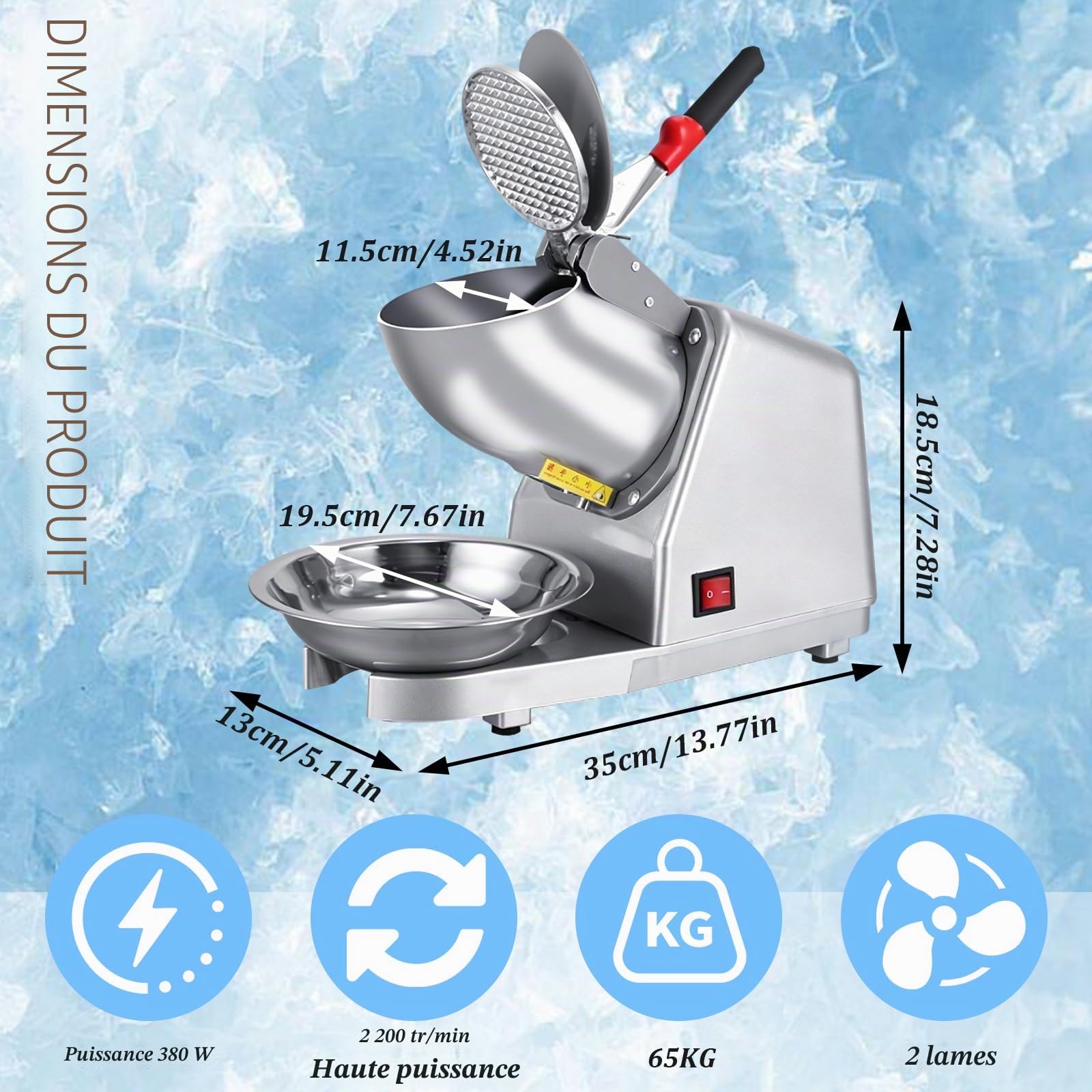 Broyeur à Glace Électrique, Machine à Glace Pilée en Acier Inoxydable avec 2 Lames Capacité de 65 kg/h, pour smoothies, Boissons Froides, Thé au Lait