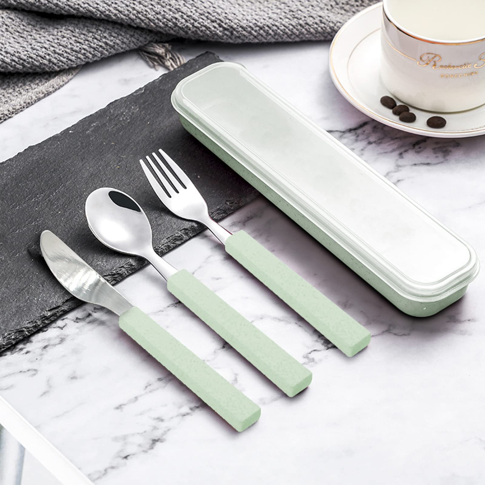 VANRA Set di 3 posate per bambini in acciaio inox 18/10, posate da campeggio, coltello argentato, forchetta, con valigetta da viaggio per bambini (verde)