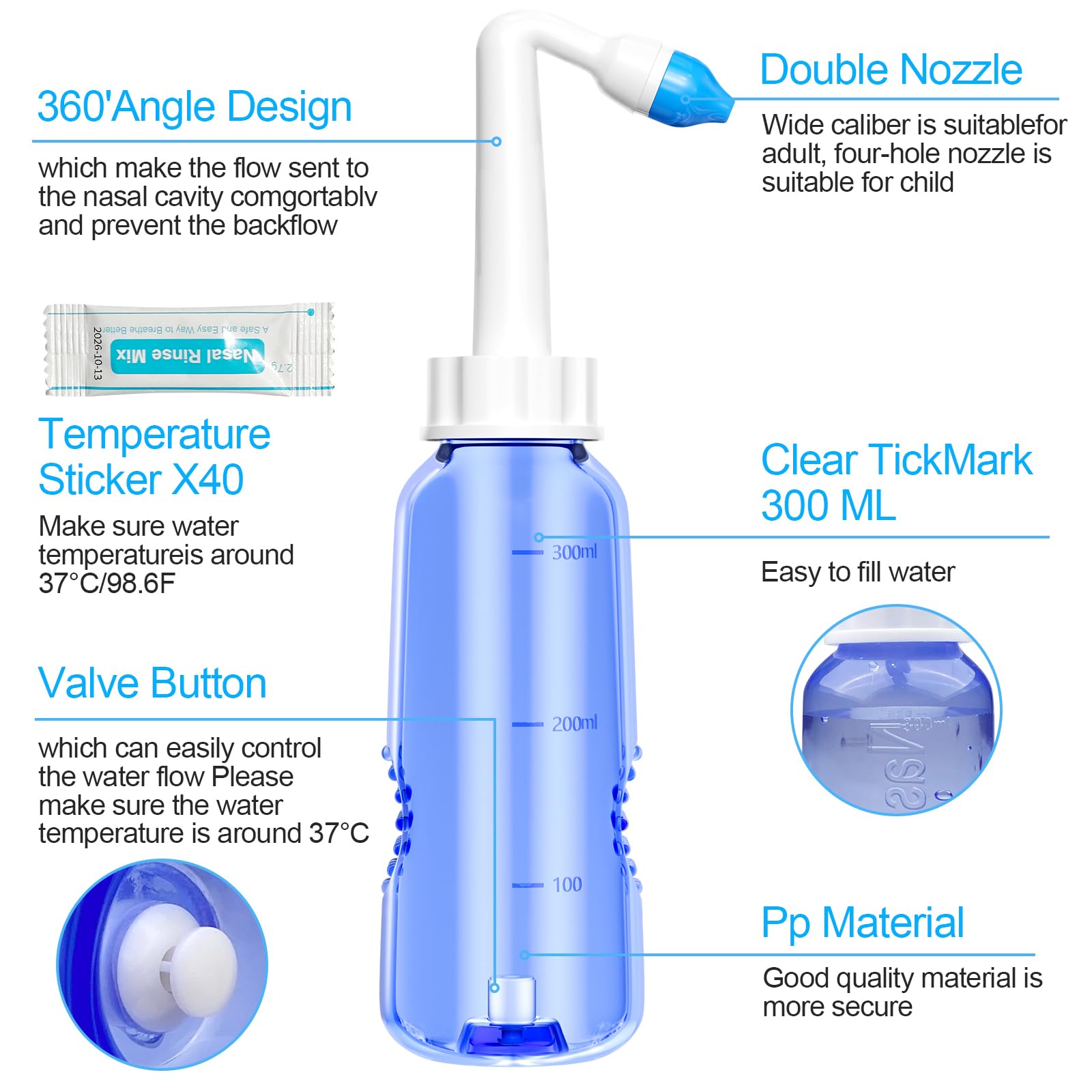 Lavage Nez 300ml Seringue Nasale Adulte avec Sachets de Sel Nasal Kit Irrigation Nasale