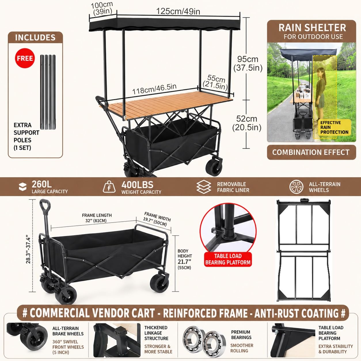 Puesto de Venta, Carrito de Venta Portátil con Toldo, Plegable, 150KG Capacidad, Stand Expositor para Mercadillos, Ferias, Eventos
