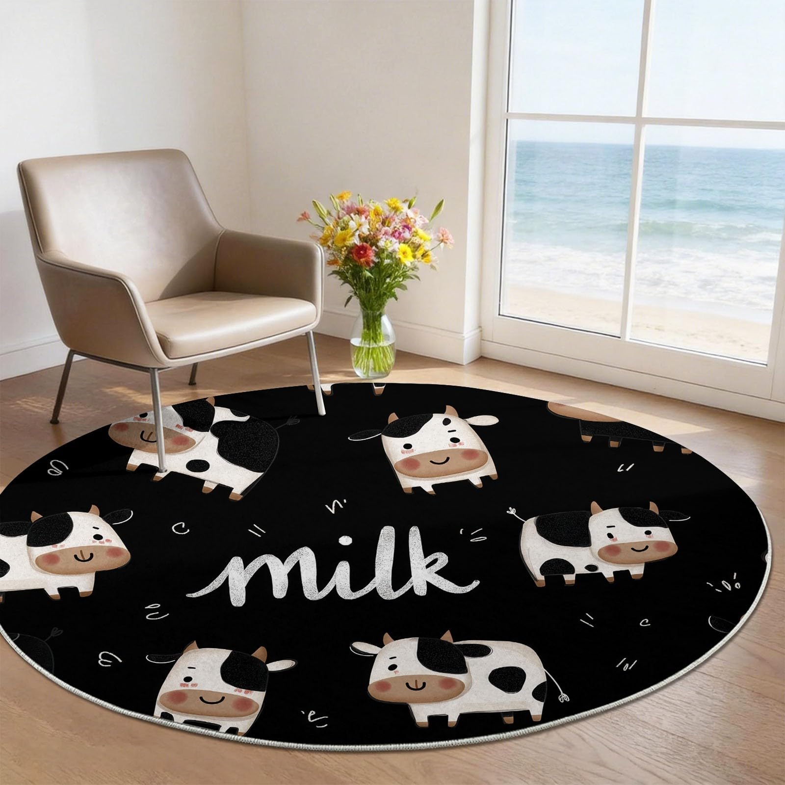Alfombra Redonda 100 cm Negro Dibujos Animados Lindo Vaca Letras, Alfombra Pelo Corto para Salón, Dormitorio y Oficina, Antideslizante y Lavable, Apta para Robot Aspirador, Suelo