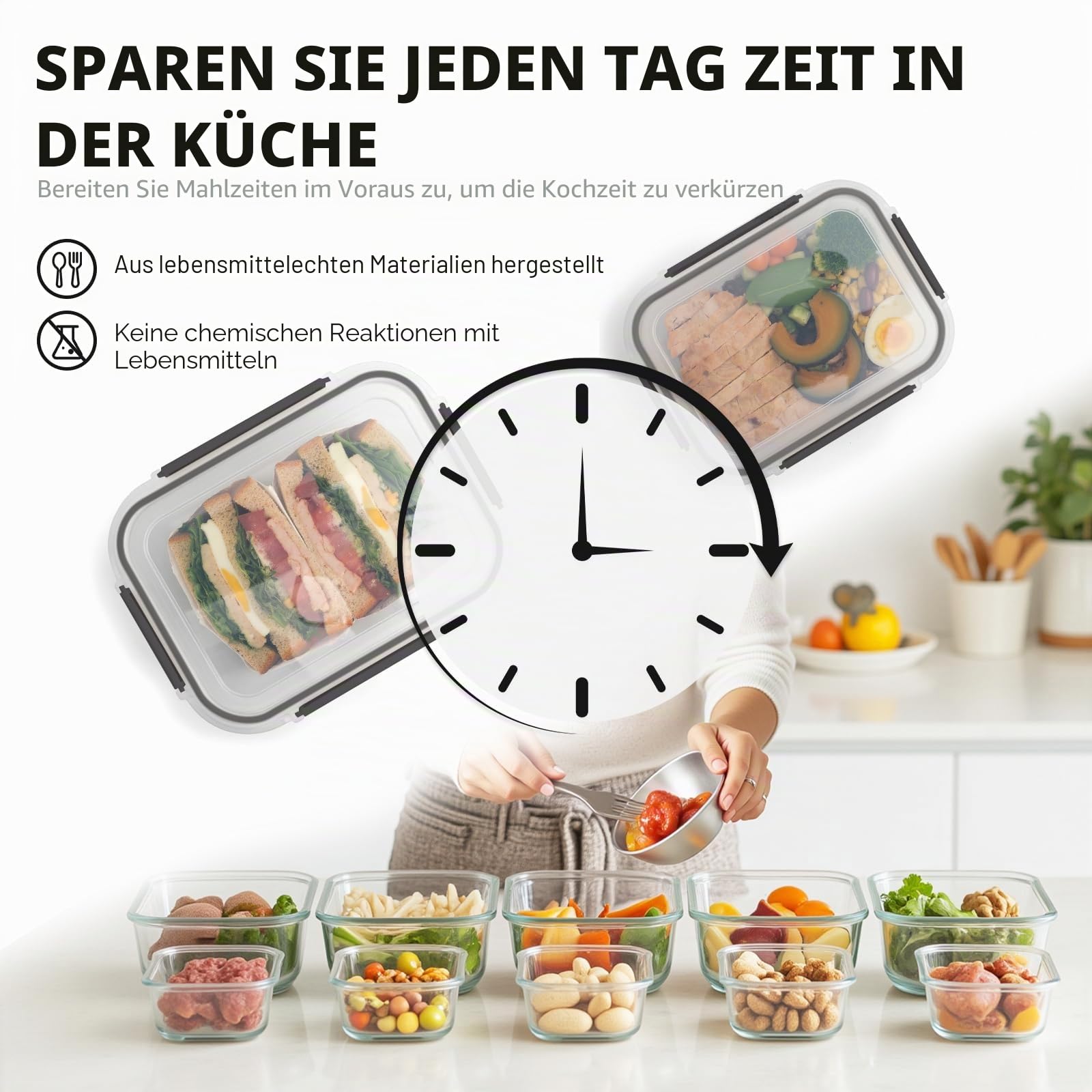 GENICOOK Glas-Frischhaltedosen mit Deckel, Glas-Mahlzeiten-Vorbereitungsbehälter-Set mit auslaufsicheren Deckeln, luftdichter Lunchbehälter für Küche, Mikrowelle, Ofen, Gefrierschrank,