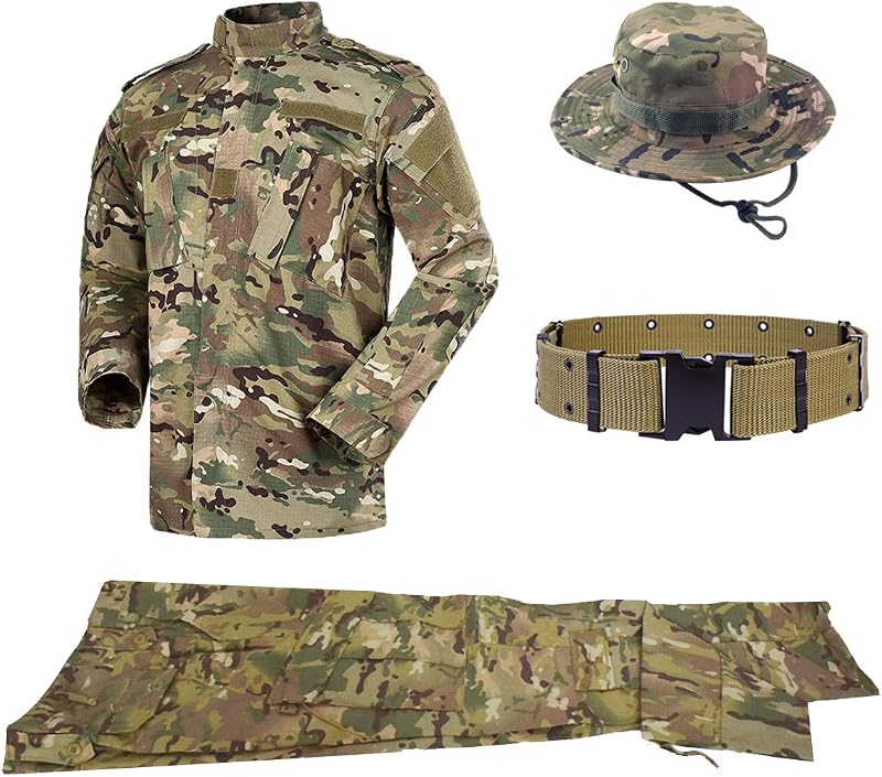 QHIU Taktikai Egyenruha Szett Férfiaknak - Kabát Nadrág Övvel és Kalappal Katonai BDU Terepszínű Airsoft Paintball Outdoor Sportokhoz